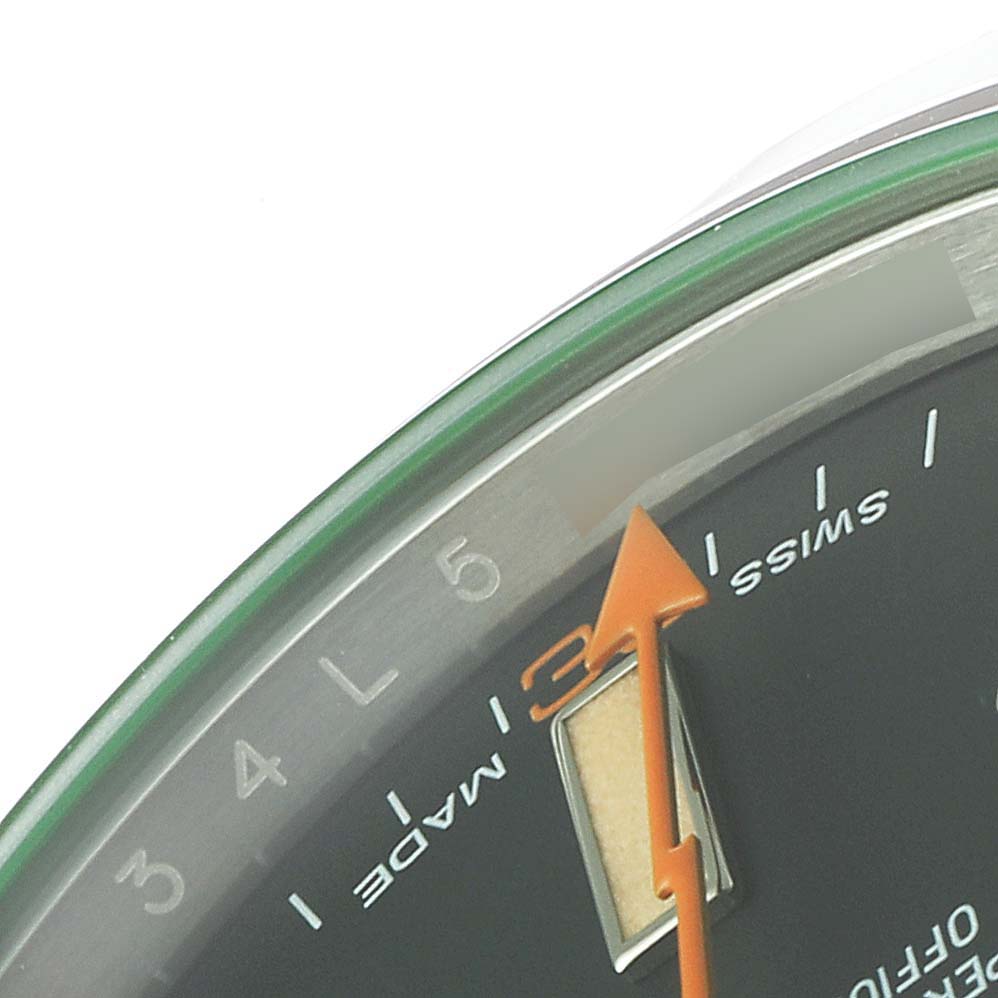 The image shows a close-up angle of the dial, hands, and part of the bezel of a Rolex Milgauss 116400V Men's Stainless Steel Black Dial 116400V Men's Stainless Steel Black Dial watch.