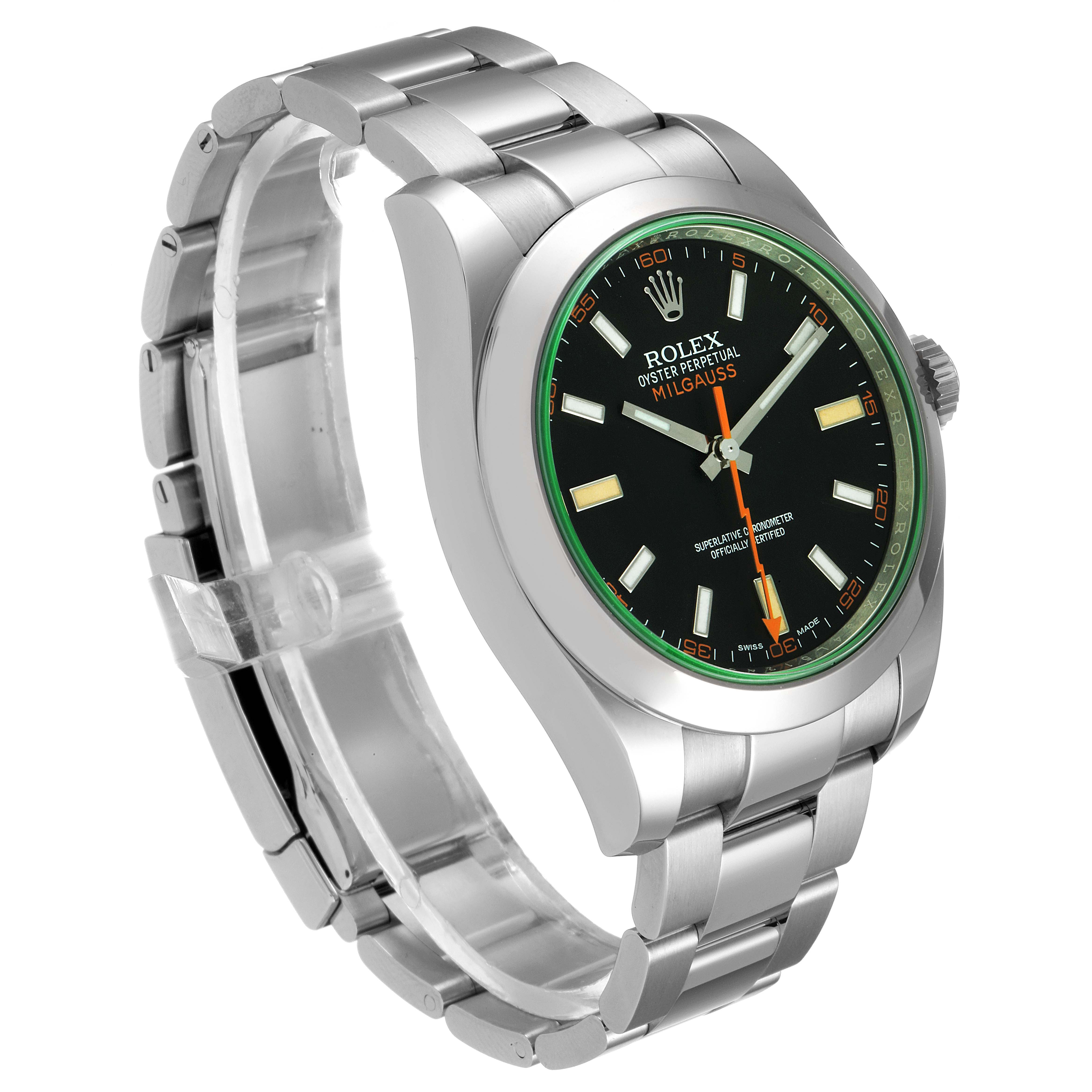 The Rolex Milgauss 116400V Men's Stainless Steel Black Dial 116400V Men's Stainless Steel Black Dial watch is shown at an angled side view, highlighting the face, bezel, bracelet, and clasp.