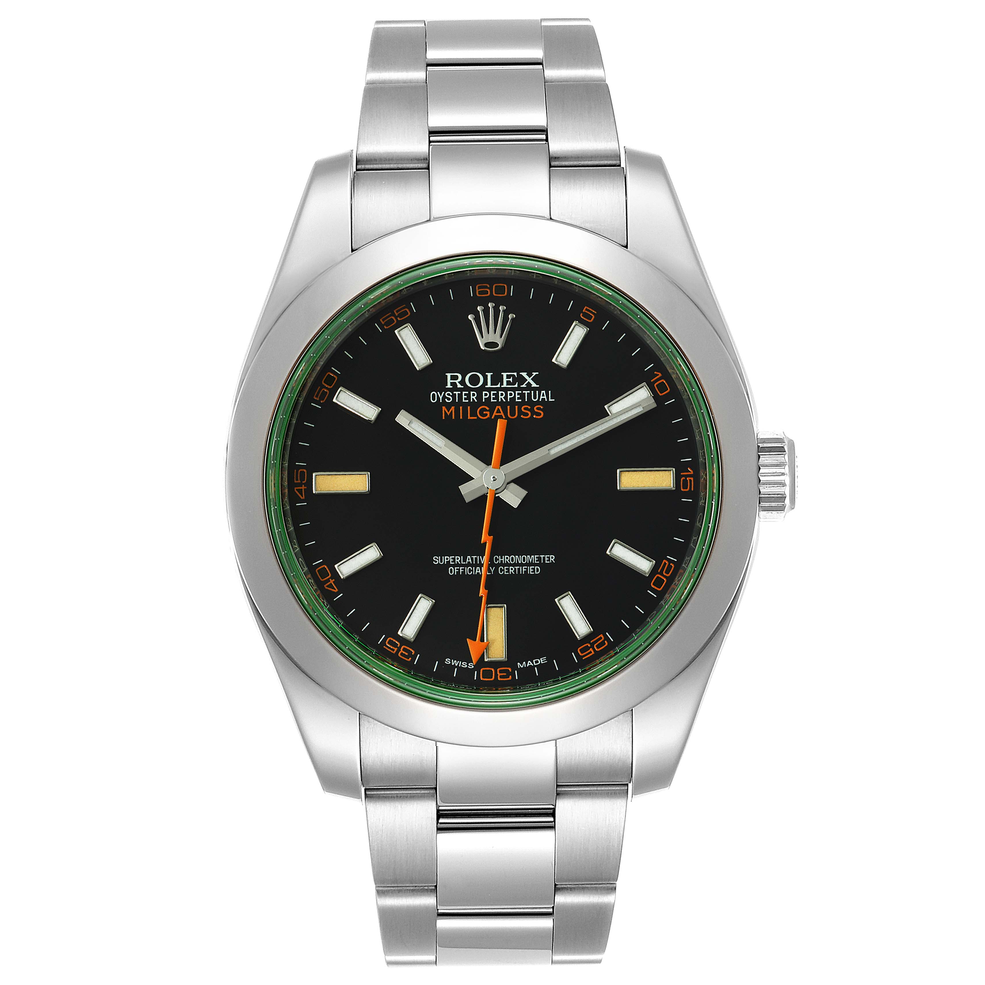 The image shows a Rolex Milgauss 116400V Men's Stainless Steel Black Dial 116400V Men's Stainless Steel Black Dial watch, featuring a frontal view of the dial and stainless steel bracelet.