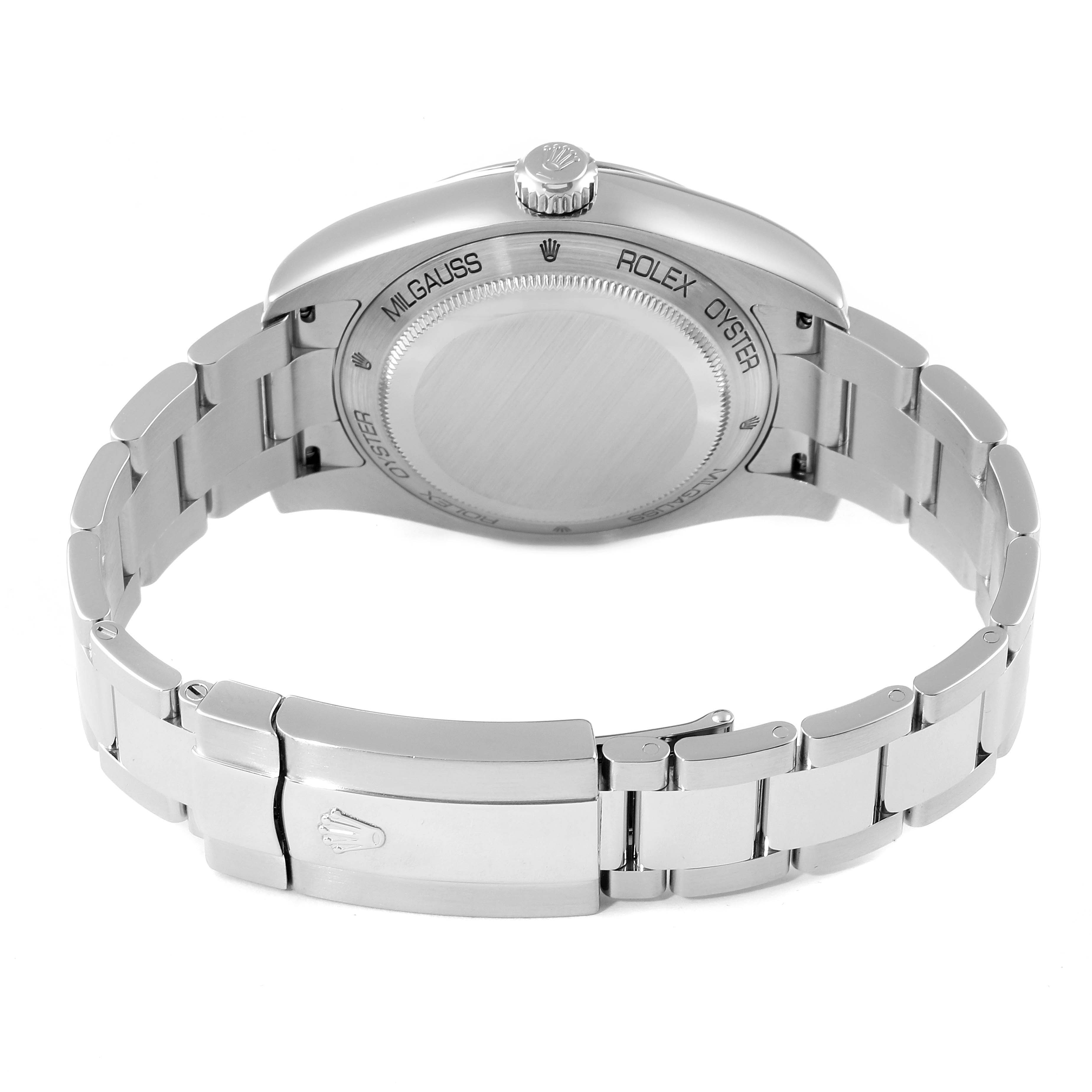 This image shows the back case and bracelet of a Rolex Milgauss 116400V Men's Stainless Steel White Dial 116400V Men's Stainless Steel White Dial watch, viewed from the rear angle.