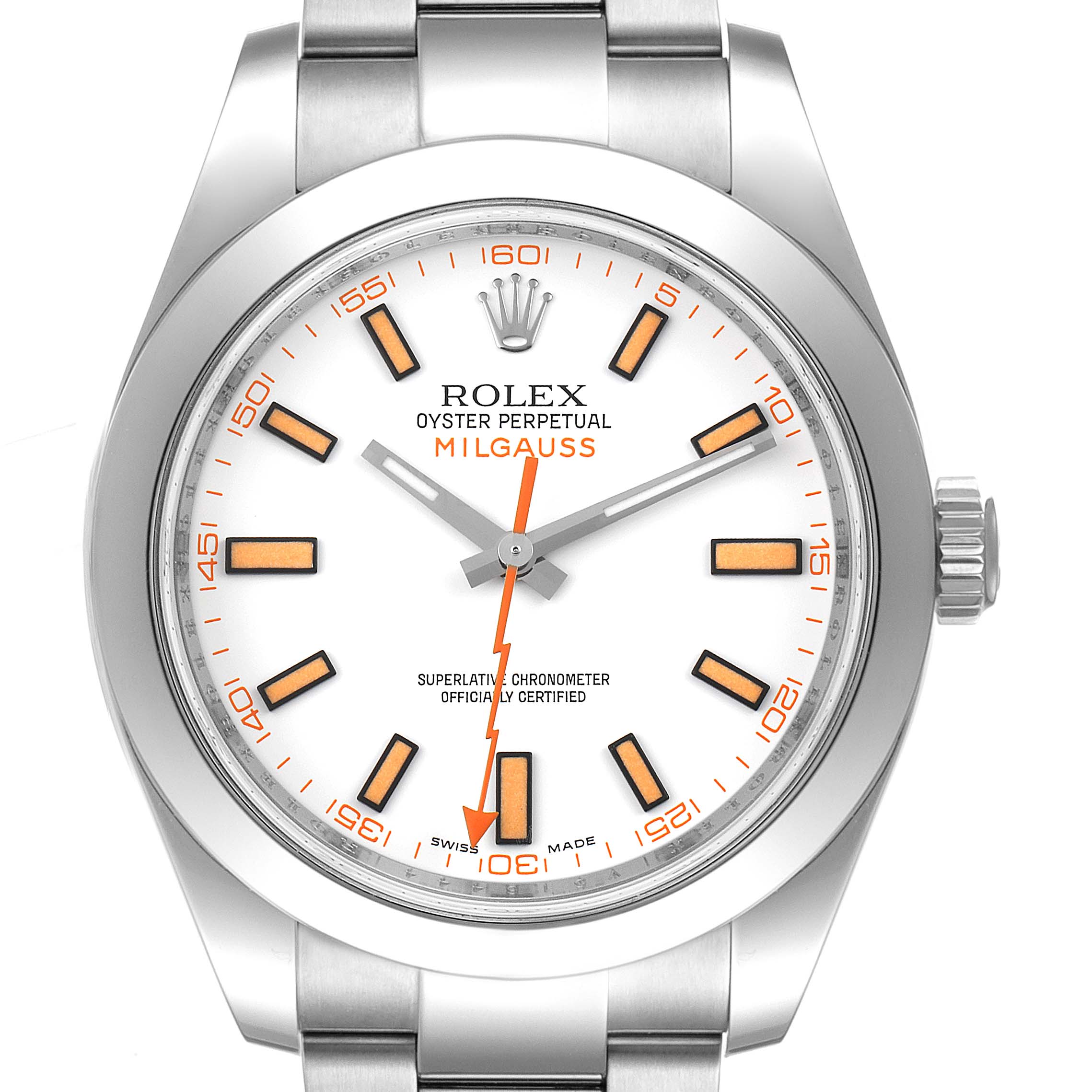 The Milgauss model by Rolex is shown from a front angle, highlighting the watch face, bezel, crown, and part of the bracelet.