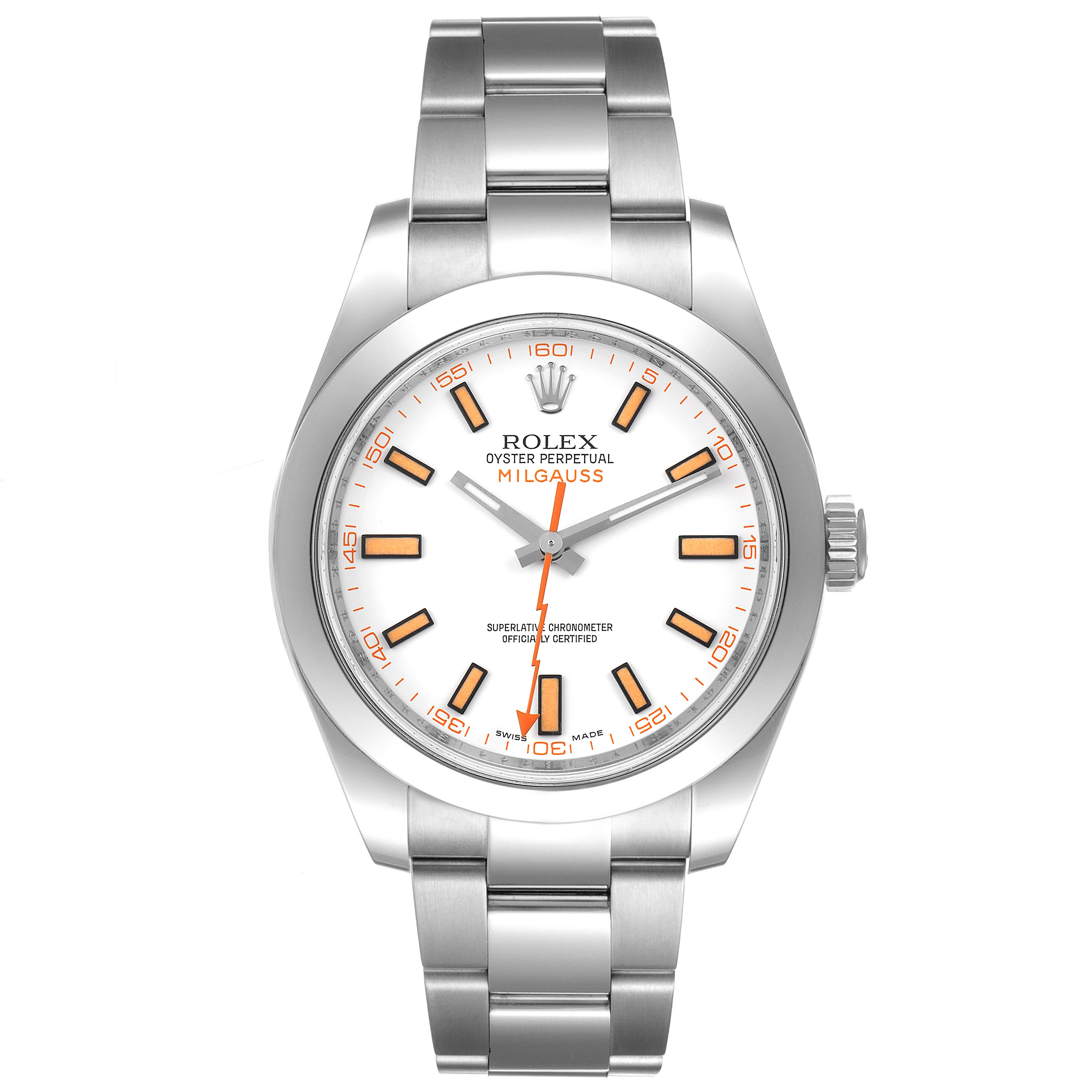 This image shows a front view of the Rolex Milgauss 116400V Men's Stainless Steel White Dial 116400V Men's Stainless Steel White Dial watch, displaying its dial, bezel, and bracelet.