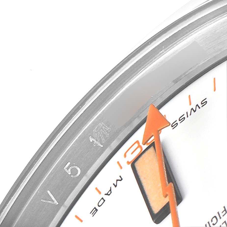 This image shows a close-up of the dial and bezel, highlighting the second hand and the 'Swiss Made' text on the Rolex Milgauss 116400V Men's Stainless Steel White Dial 116400V Men's Stainless Steel White Dial watch.