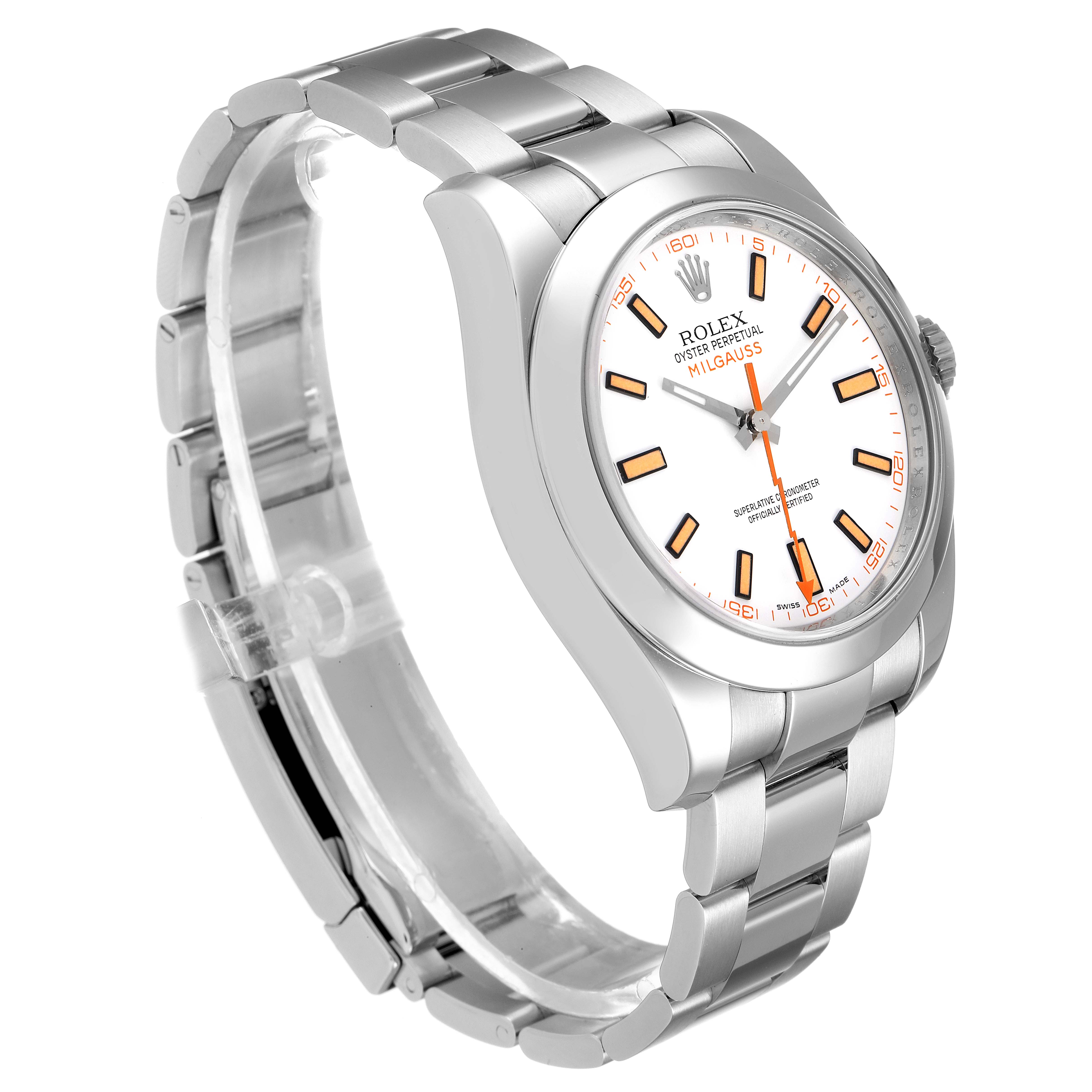 The image shows a side and front angle of a Rolex Milgauss 116400V Men's Stainless Steel White Dial 116400V Men's Stainless Steel White Dial watch, highlighting its face, bezel, and metal bracelet.