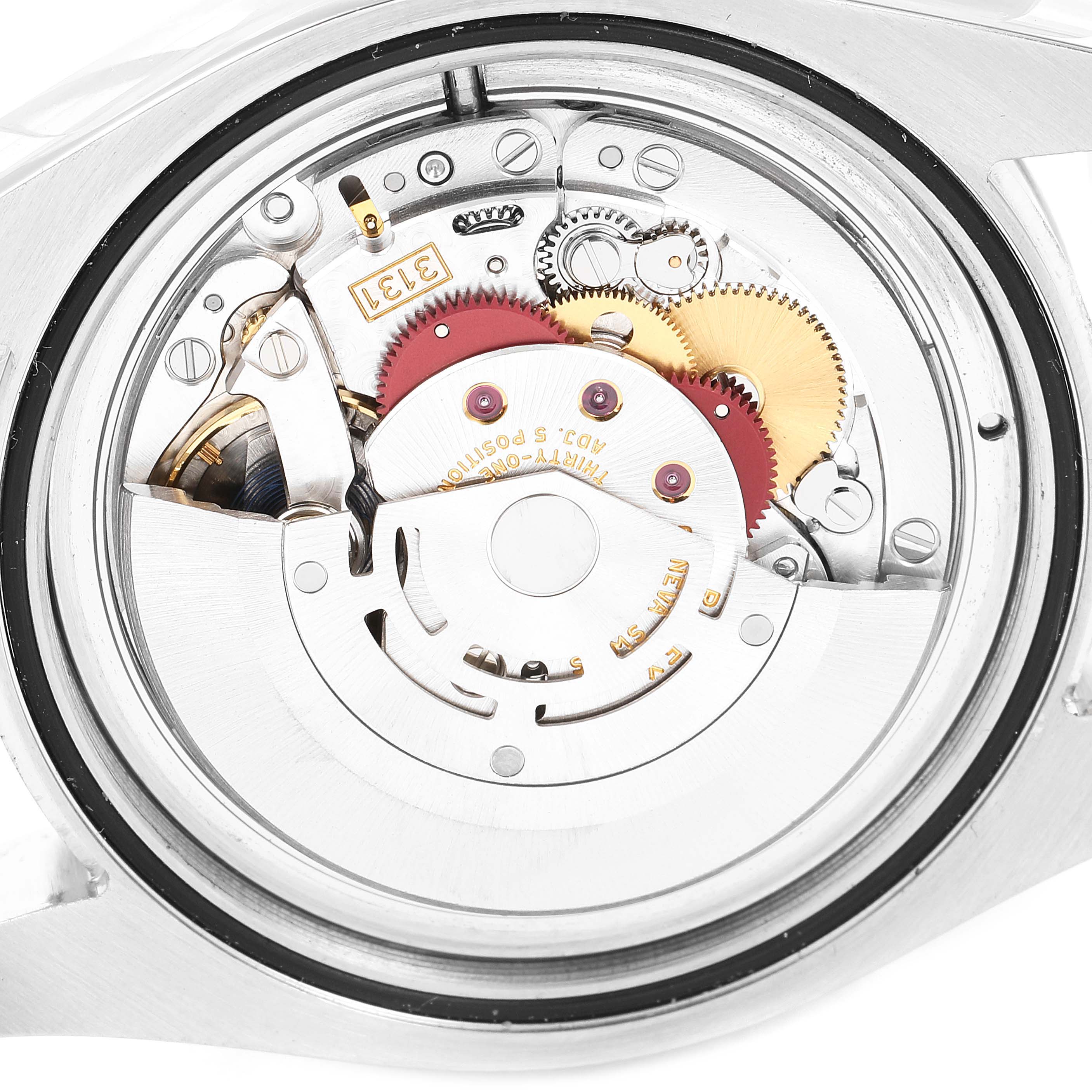 The image shows the movement and internal mechanisms of the Rolex Milgauss 116400V Men's Stainless Steel White Dial 116400V Men's Stainless Steel White Dial watch from the back perspective.