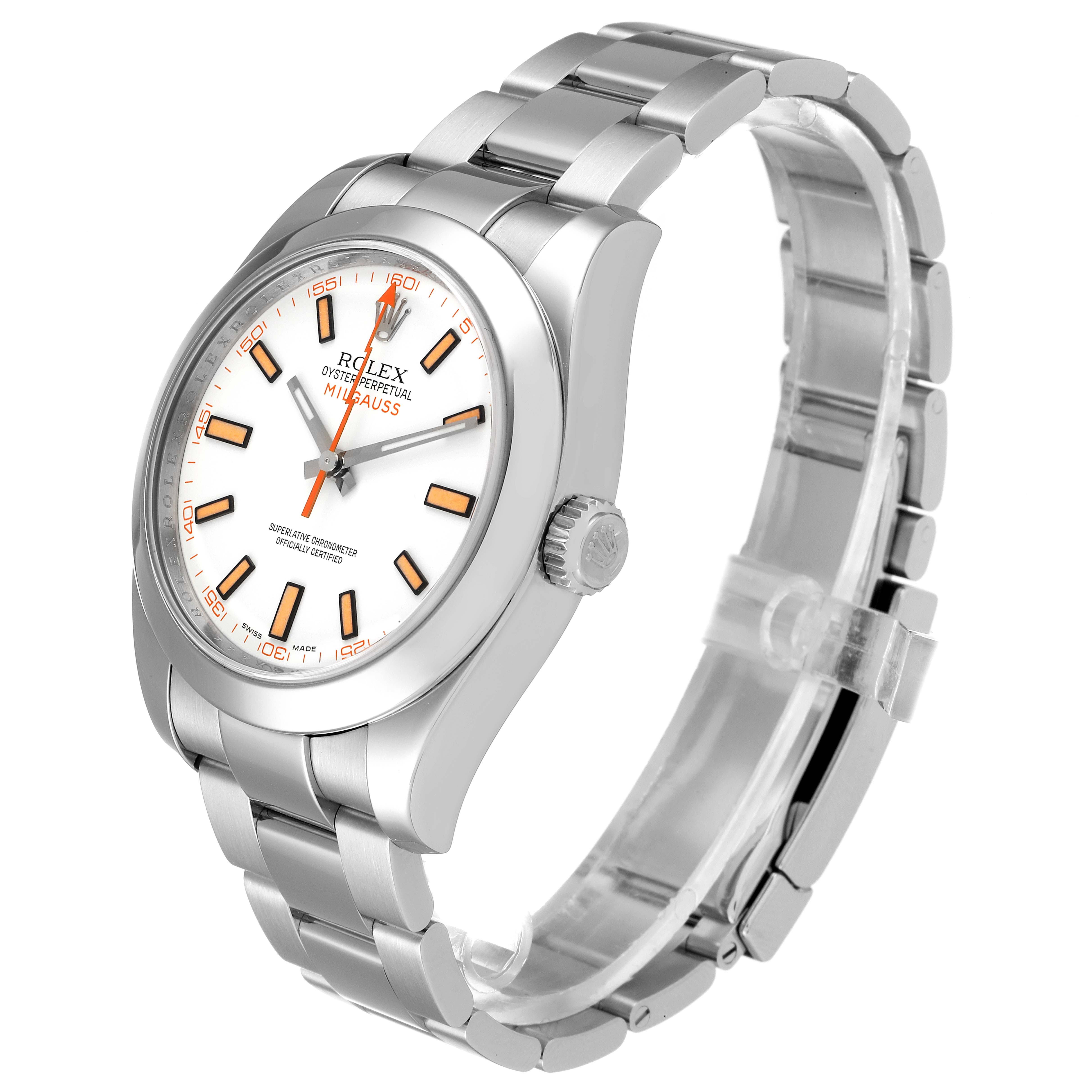 The image shows a side and front view of the Rolex Milgauss 116400V Men's Stainless Steel White Dial 116400V Men's Stainless Steel White Dial watch, highlighting its face, bezel, casing, and bracelet.