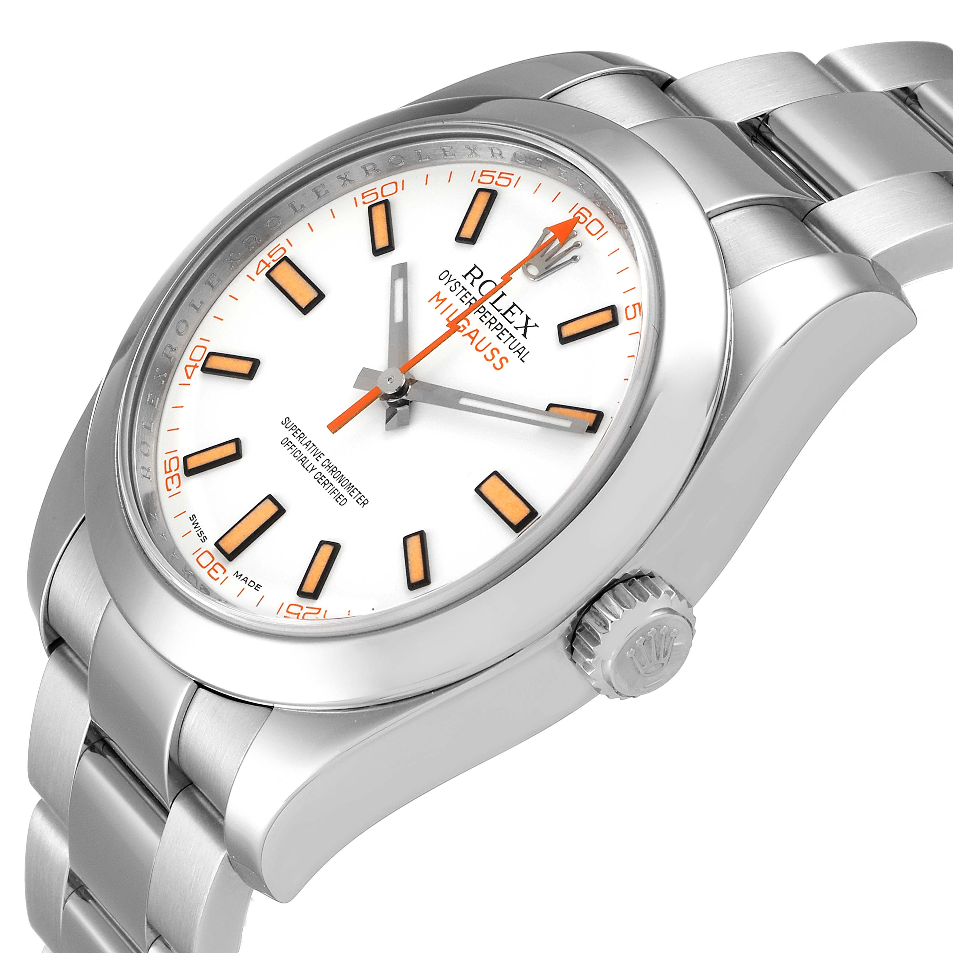 The image shows a Rolex Milgauss 116400V Men's Stainless Steel White Dial 116400V Men's Stainless Steel White Dial watch at a slight angle, displaying its face, bezel, and part of the bracelet.