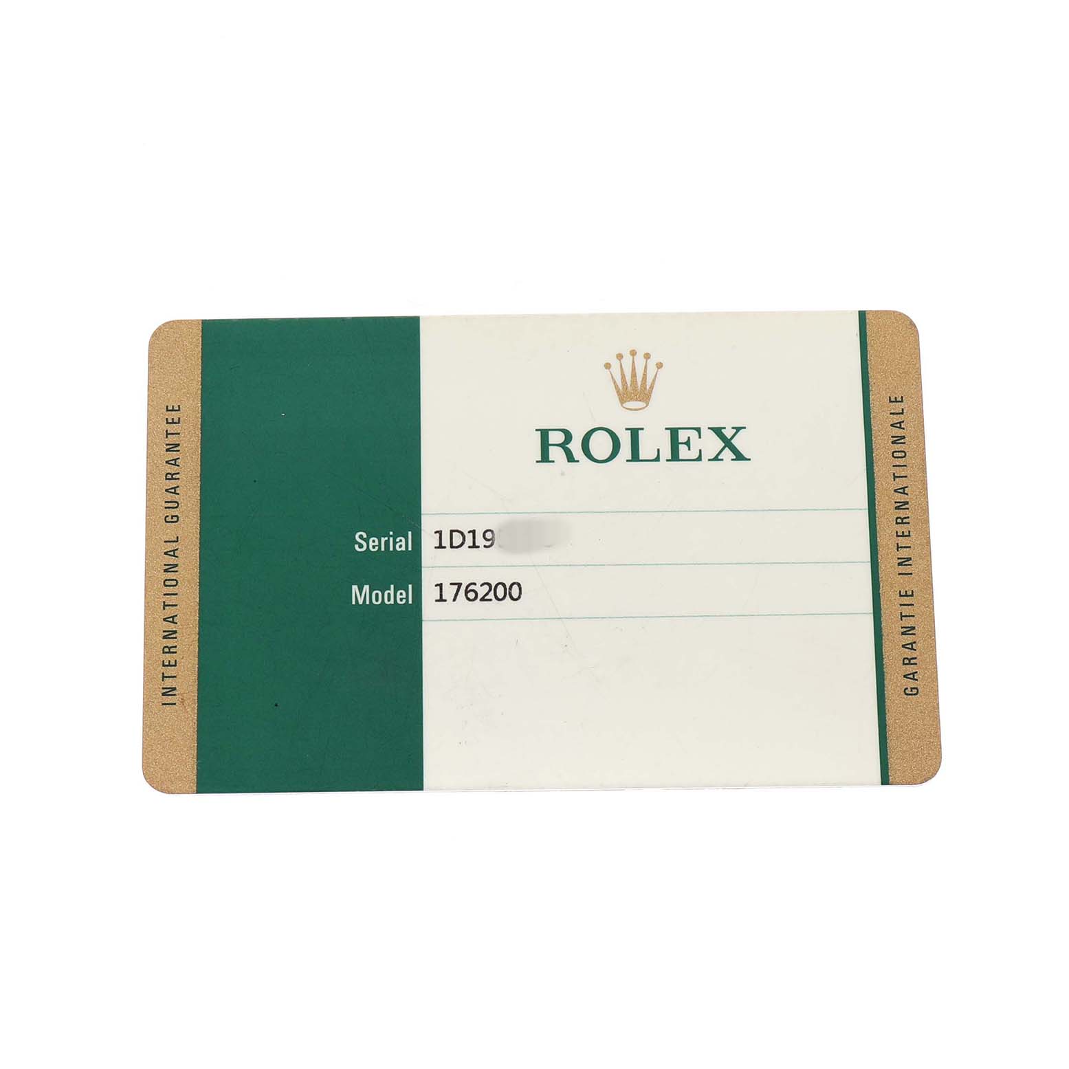 The image shows a Rolex Oyster Perpetual 176200 Women's Stainless Steel Silver Dial warranty card displaying the serial and model numbers.