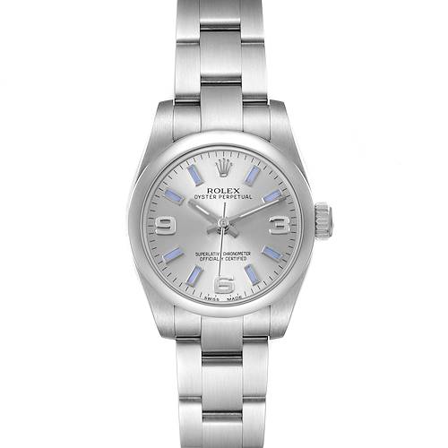 The Rolex Oyster Perpetual 176200 Women's Stainless Steel Silver Dial watch is shown from a top-down angle, displaying the face, bezel, and bracelet.