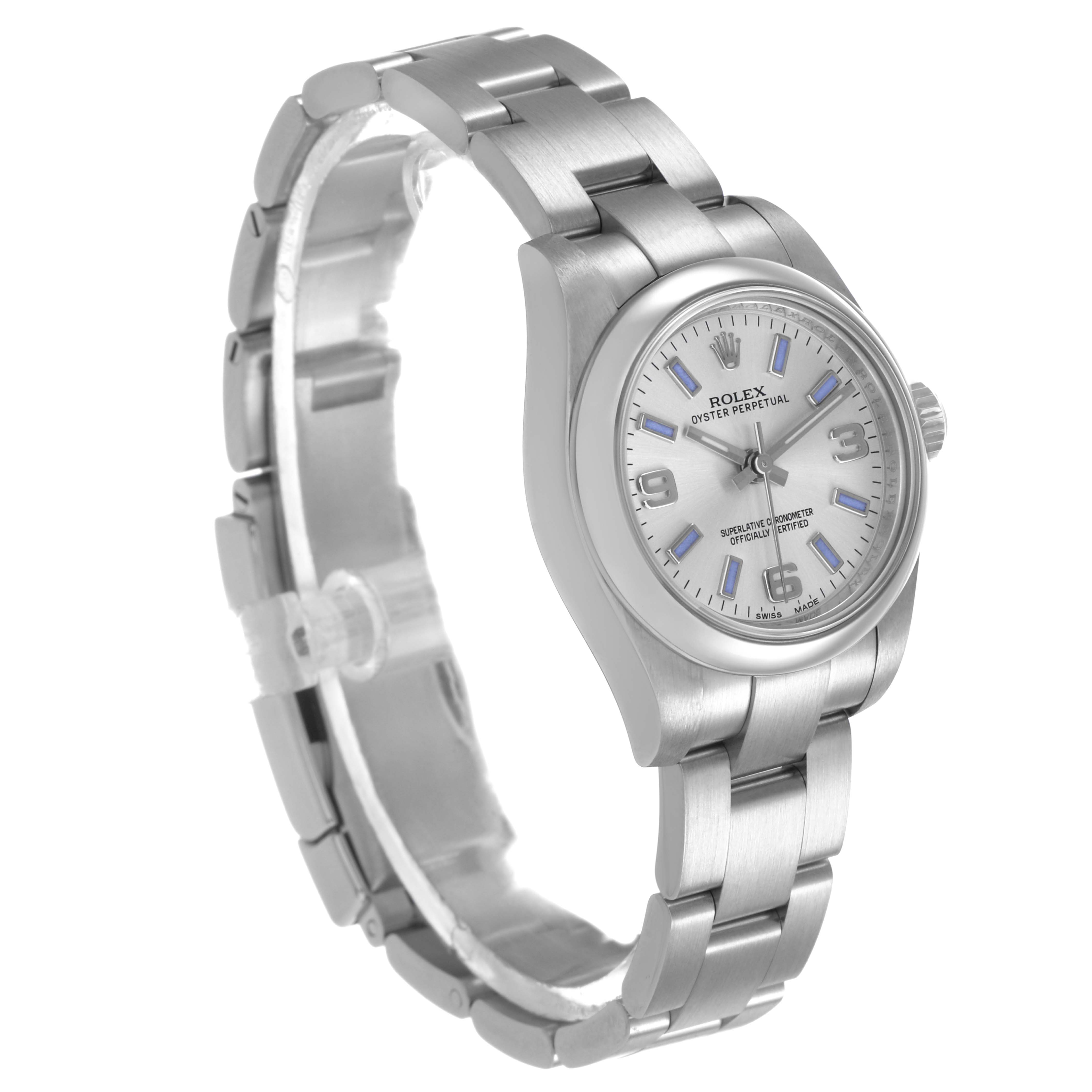 The Rolex Oyster Perpetual 176200 Women's Stainless Steel Silver Dial watch is shown from an angled side view highlighting its face and bracelet.