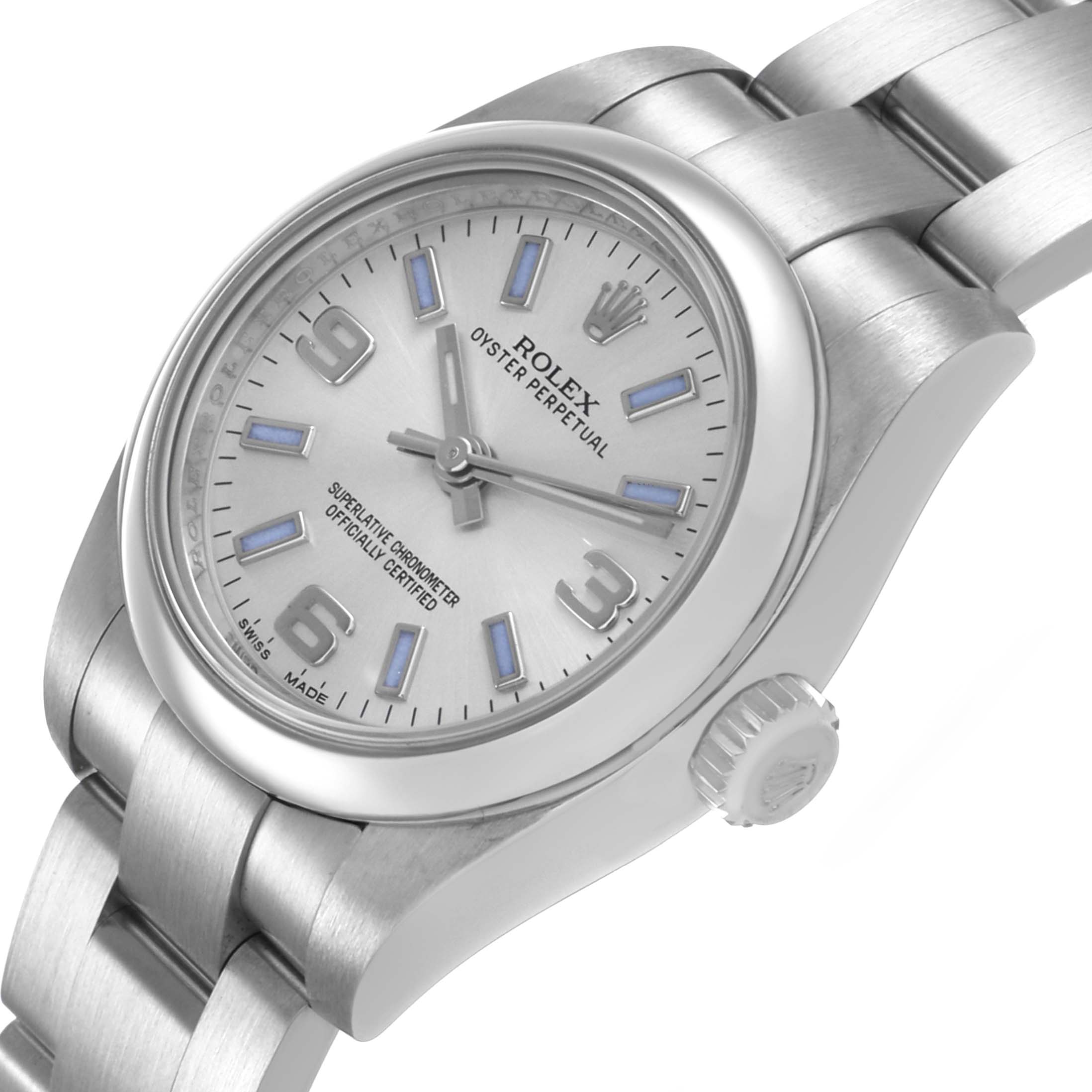 The Rolex Oyster Perpetual 176200 Women's Stainless Steel Silver Dial watch is shown at a three-quarter angle, highlighting the face, crown, and stainless steel bracelet.
