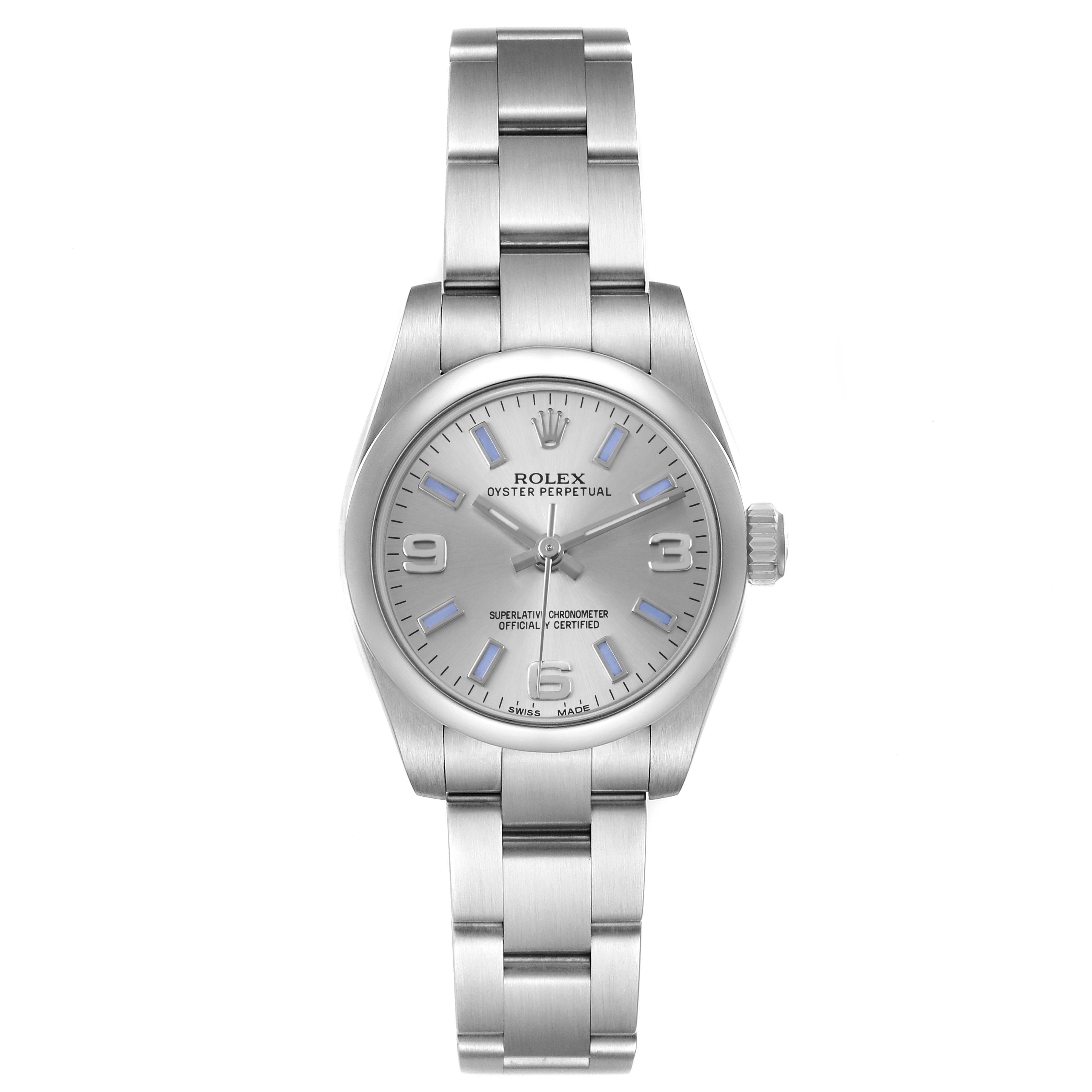 The Rolex Oyster Perpetual 176200 Women's Stainless Steel Silver Dial watch is shown front-facing, displaying the dial, bracelet, and case.