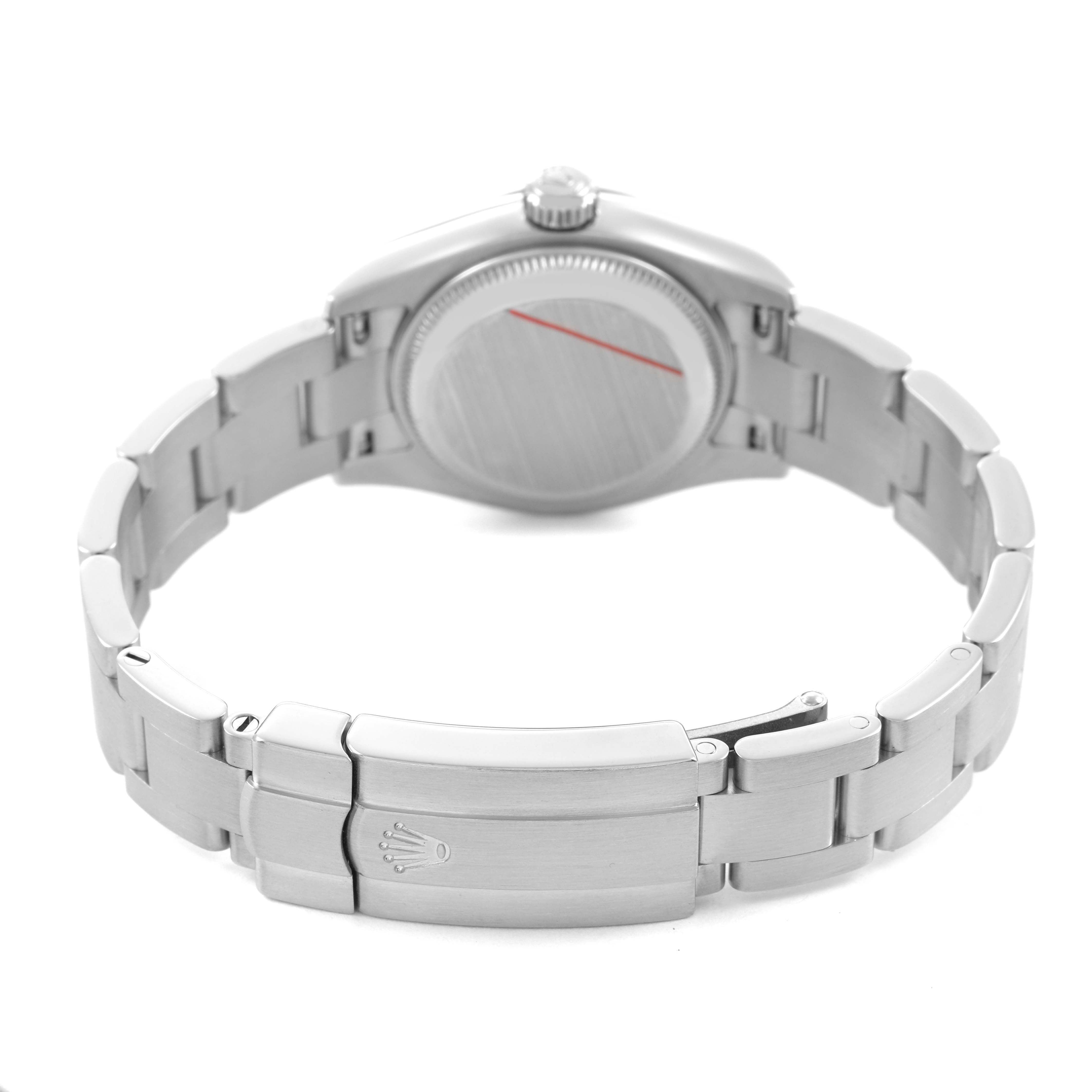 The image shows the back view of a Rolex Oyster Perpetual 176200 Women's Stainless Steel Silver Dial watch, focusing on its case back and bracelet clasp.