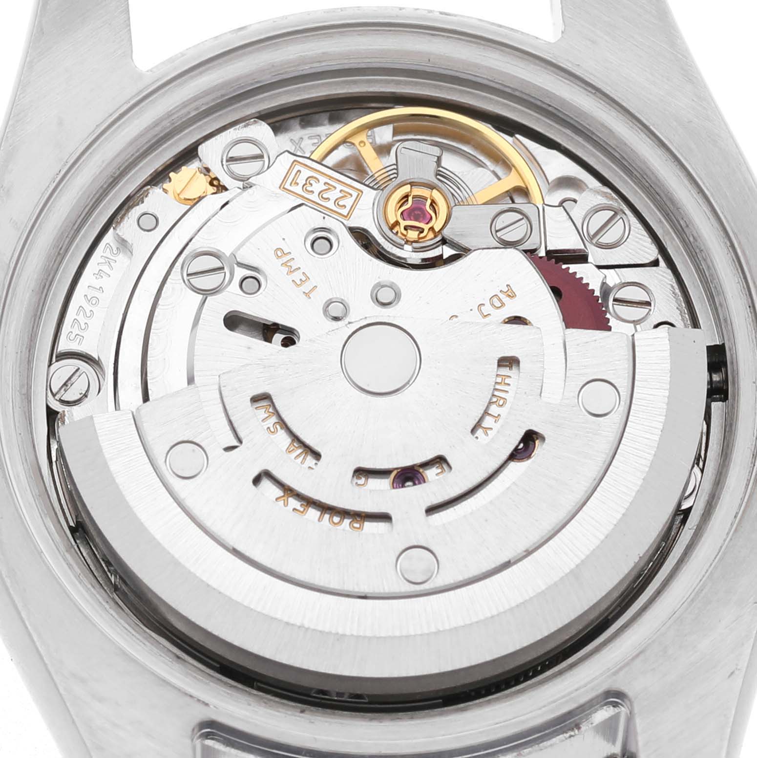 The image shows an opened case-back view of the Rolex Oyster Perpetual 176200 Women's Stainless Steel Silver Dial, highlighting its movement components.