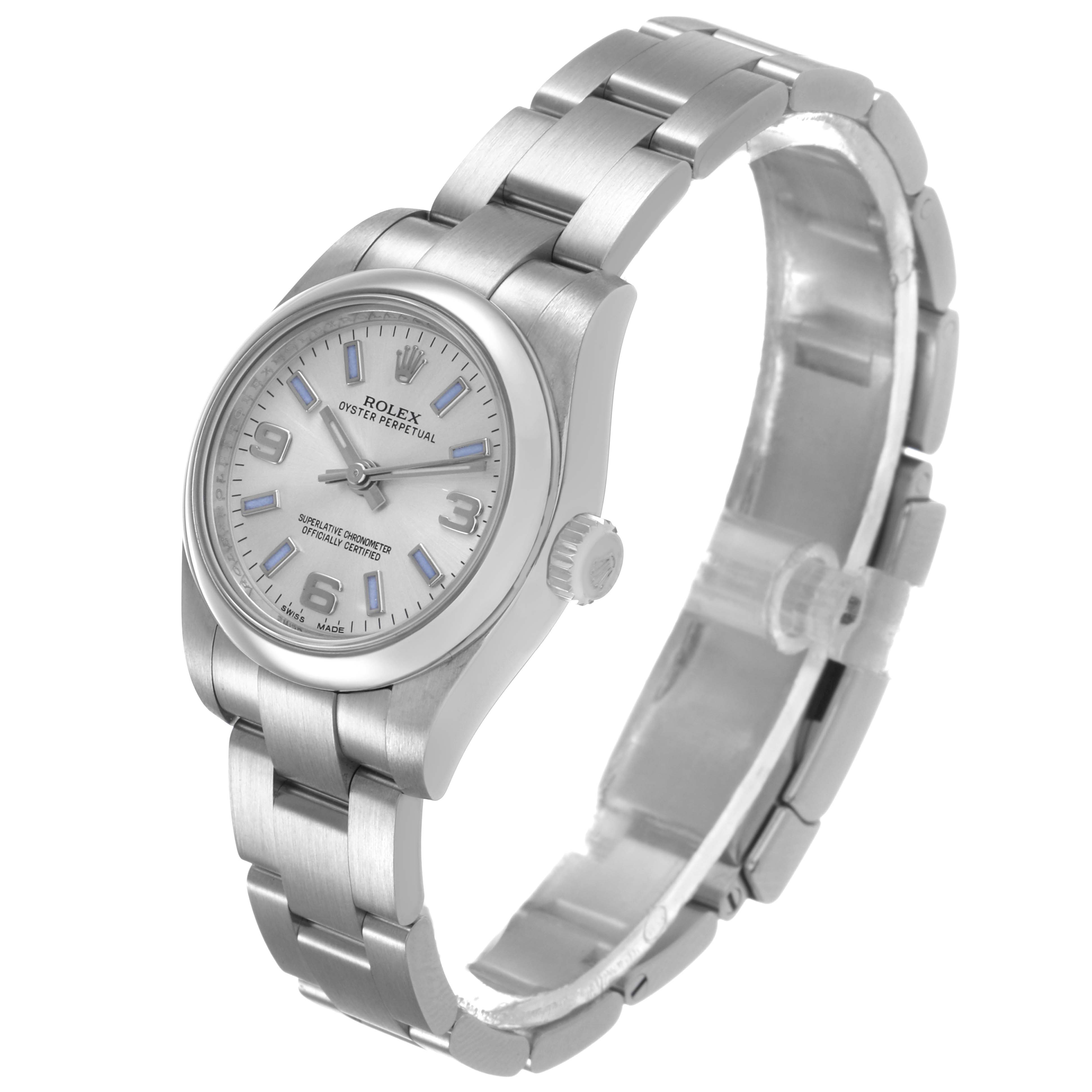 The Rolex Oyster Perpetual 176200 Women's Stainless Steel Silver Dial watch is shown at a slight angle, displaying the face, bracelet, and crown.