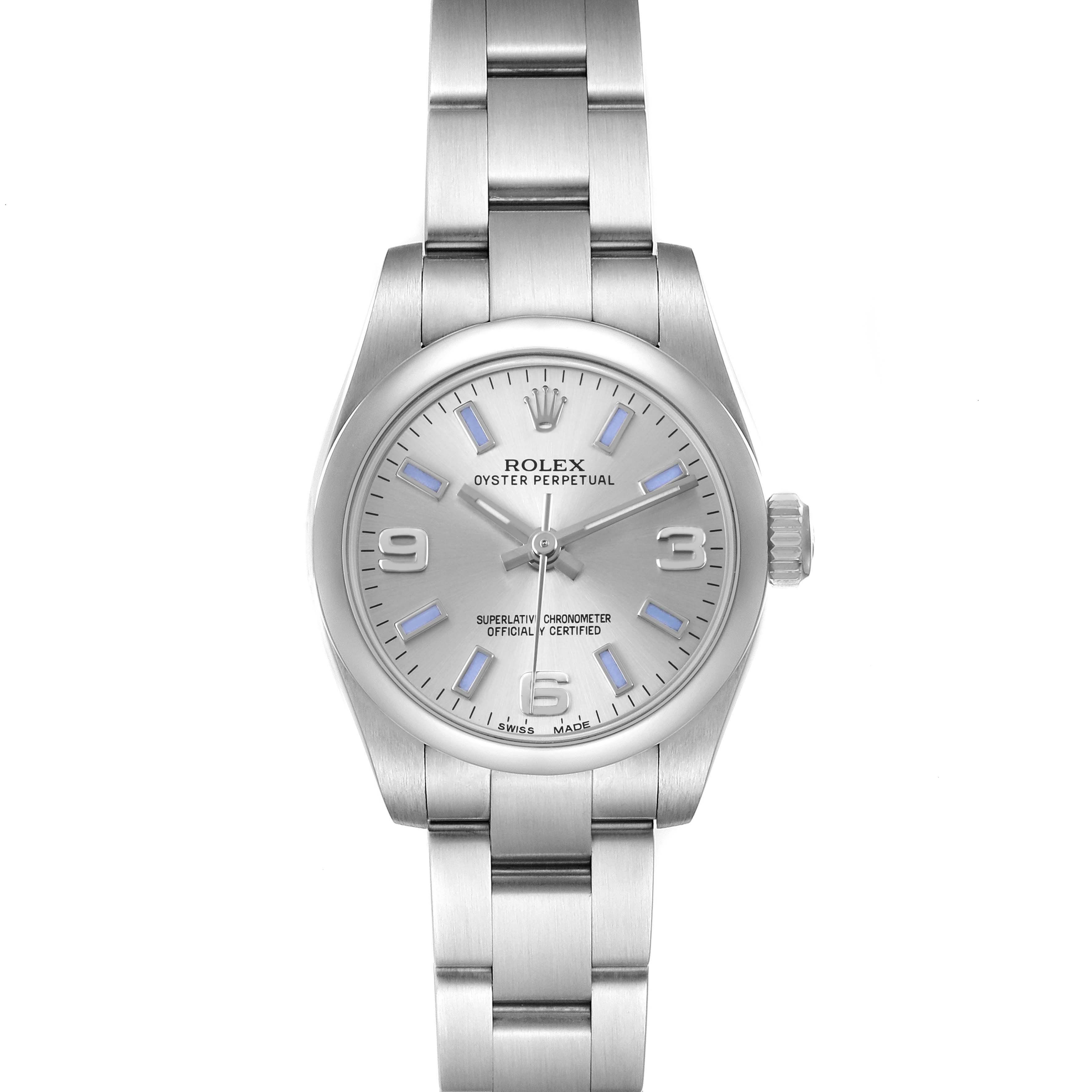 The Rolex Oyster Perpetual 176200 Women's Stainless Steel Silver Dial watch is shown from a front angle, displaying the dial, case, and part of the bracelet.