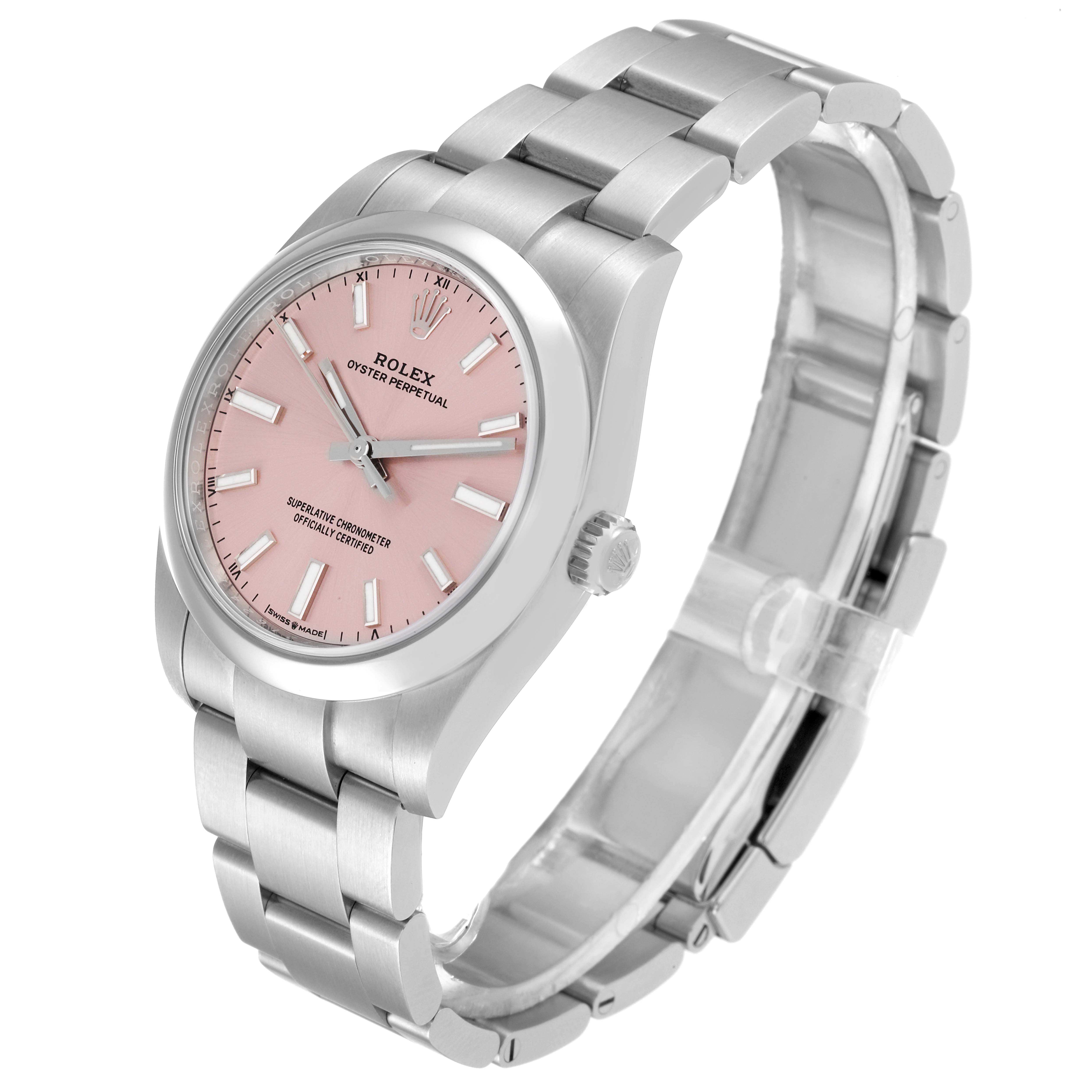 This image shows a Rolex Oyster Perpetual 124200 Men
s Stainless Steel Pink Dial 124200 Men
s Stainless Steel Pink Dial watch featuring its case, bracelet, dial, and crown from a slightly angled perspective.