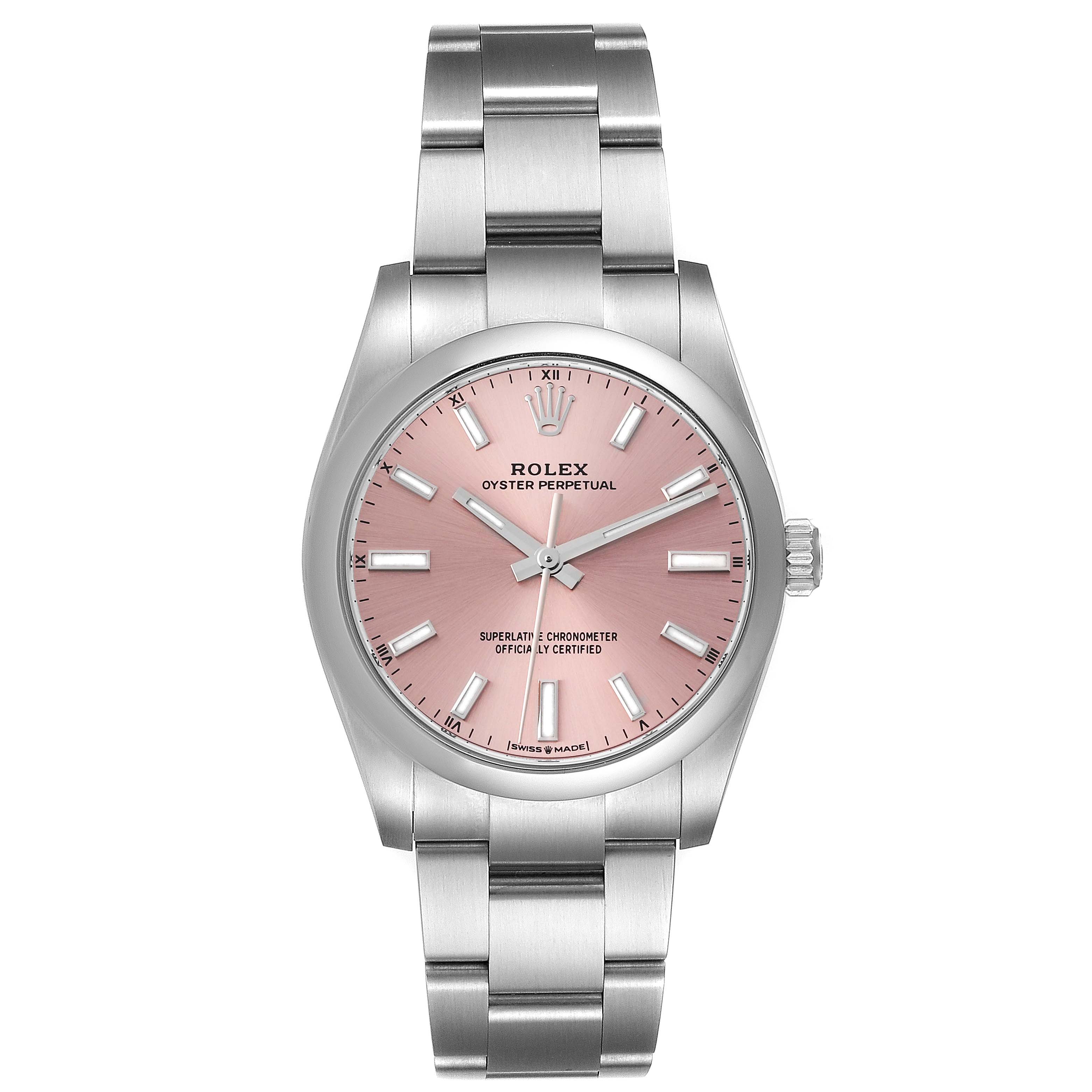This image shows a front view of a Rolex Oyster Perpetual 124200 Men
s Stainless Steel Pink Dial 124200 Men
s Stainless Steel Pink Dial watch with a pink dial and a stainless steel bracelet.