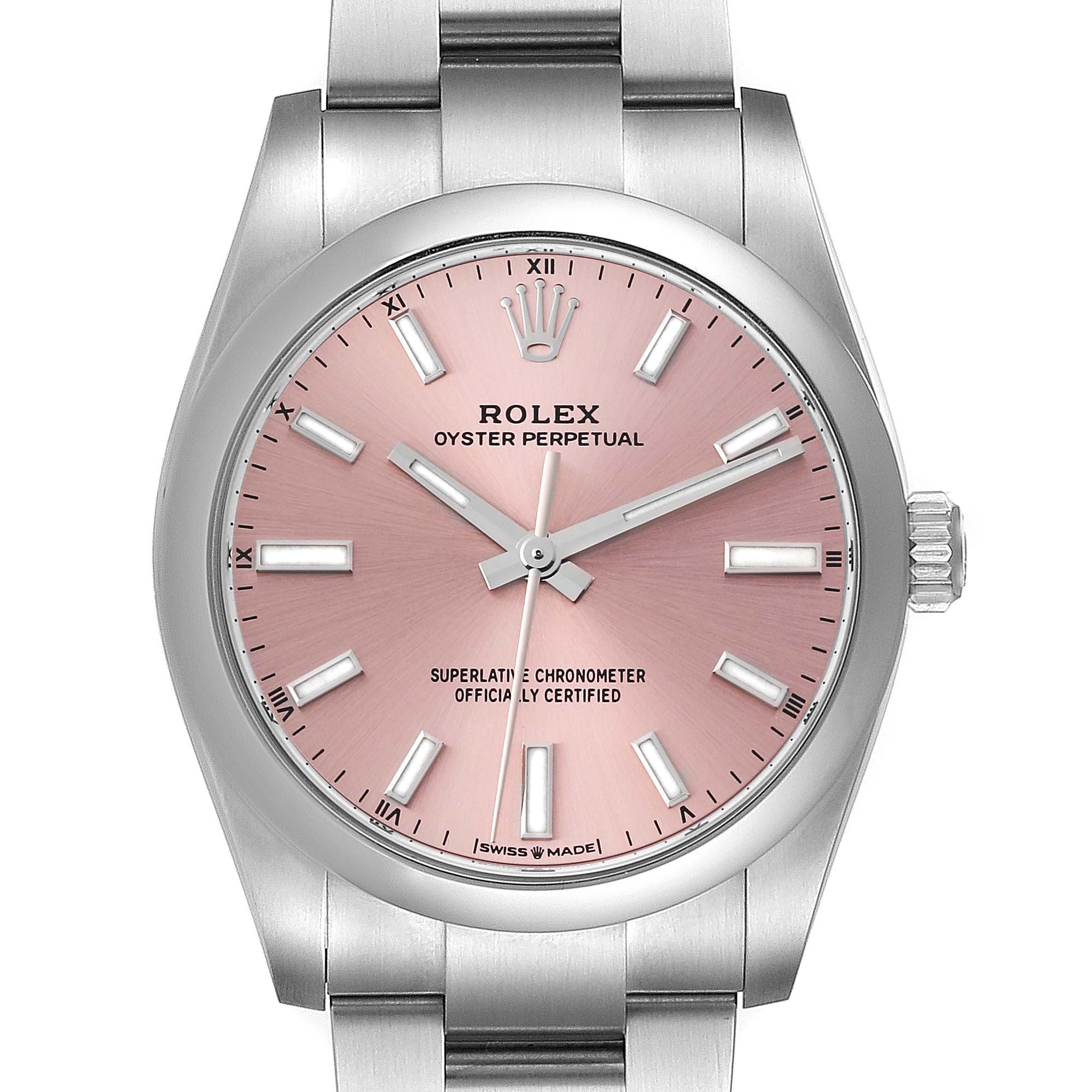 This view of the Rolex Oyster Perpetual 124200 Men
s Stainless Steel Pink Dial 124200 Men
s Stainless Steel Pink Dial watch shows the full face, crown, and a portion of the bracelet.