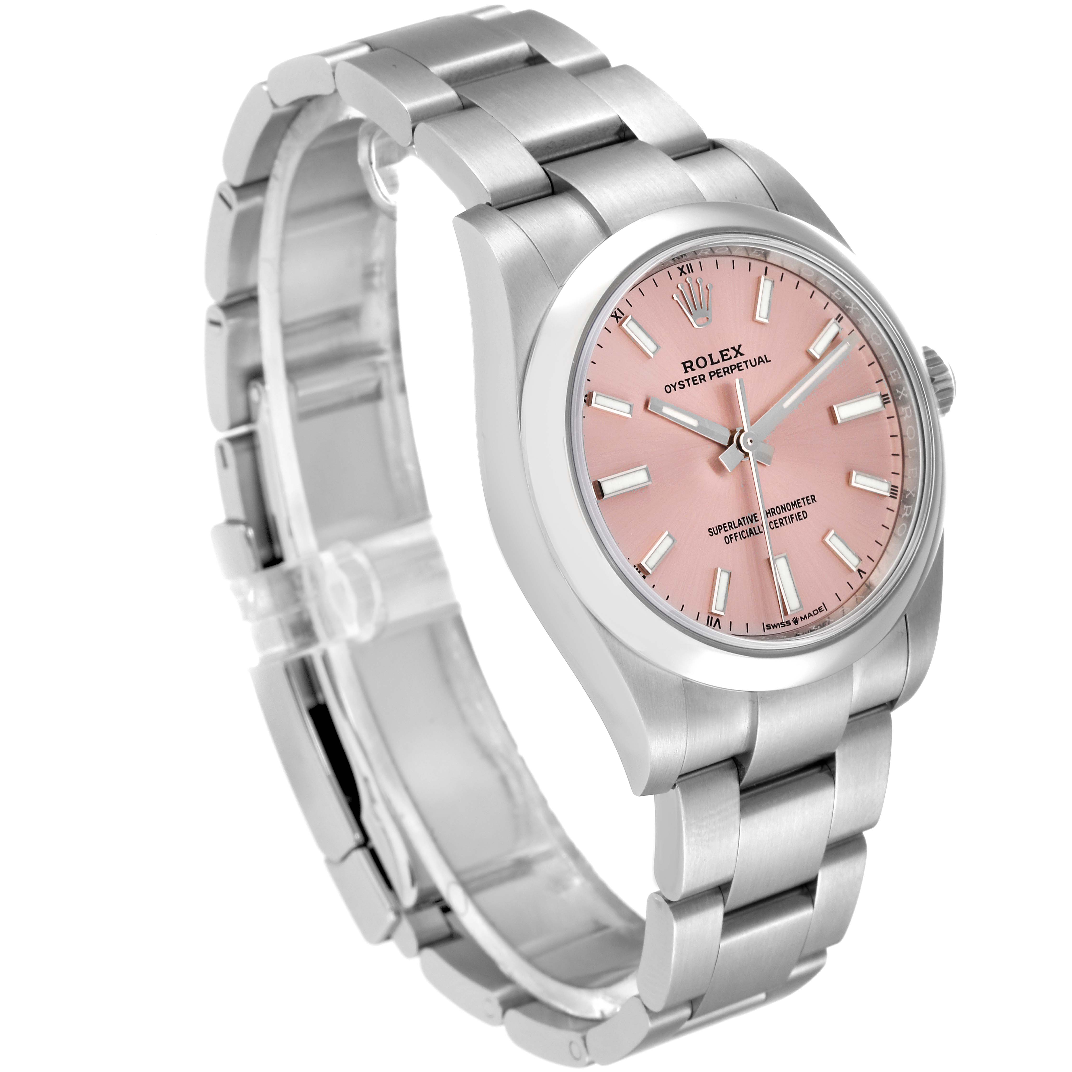 The Rolex Oyster Perpetual 124200 Men
s Stainless Steel Pink Dial 124200 Men
s Stainless Steel Pink Dial watch is shown at a three-quarter angle, displaying the pink dial and metal bracelet.