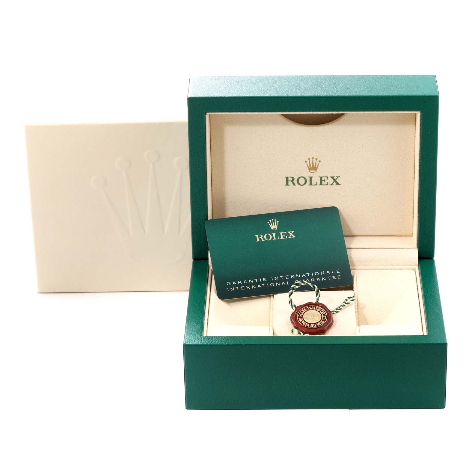 The image shows the packaging, warranty card, and tag for a Rolex Oyster Perpetual 124200 Men
s Stainless Steel Pink Dial 124200 Men
s Stainless Steel Pink Dial watch.