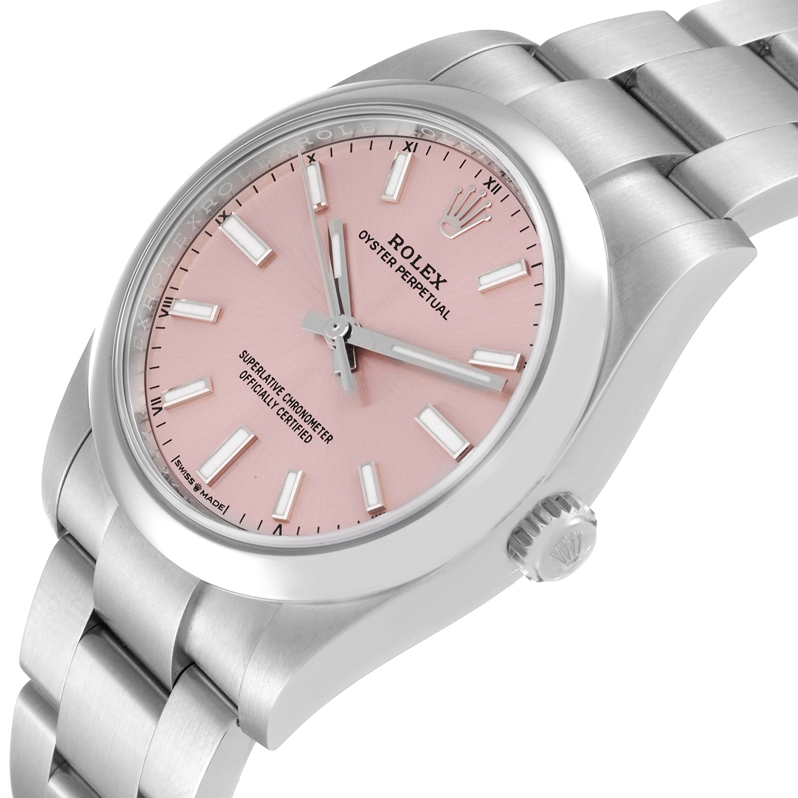 The Rolex Oyster Perpetual 124200 Men
s Stainless Steel Pink Dial 124200 Men
s Stainless Steel Pink Dial watch is shown at a slight angle, highlighting the pink dial, bracelet, crown, and case.