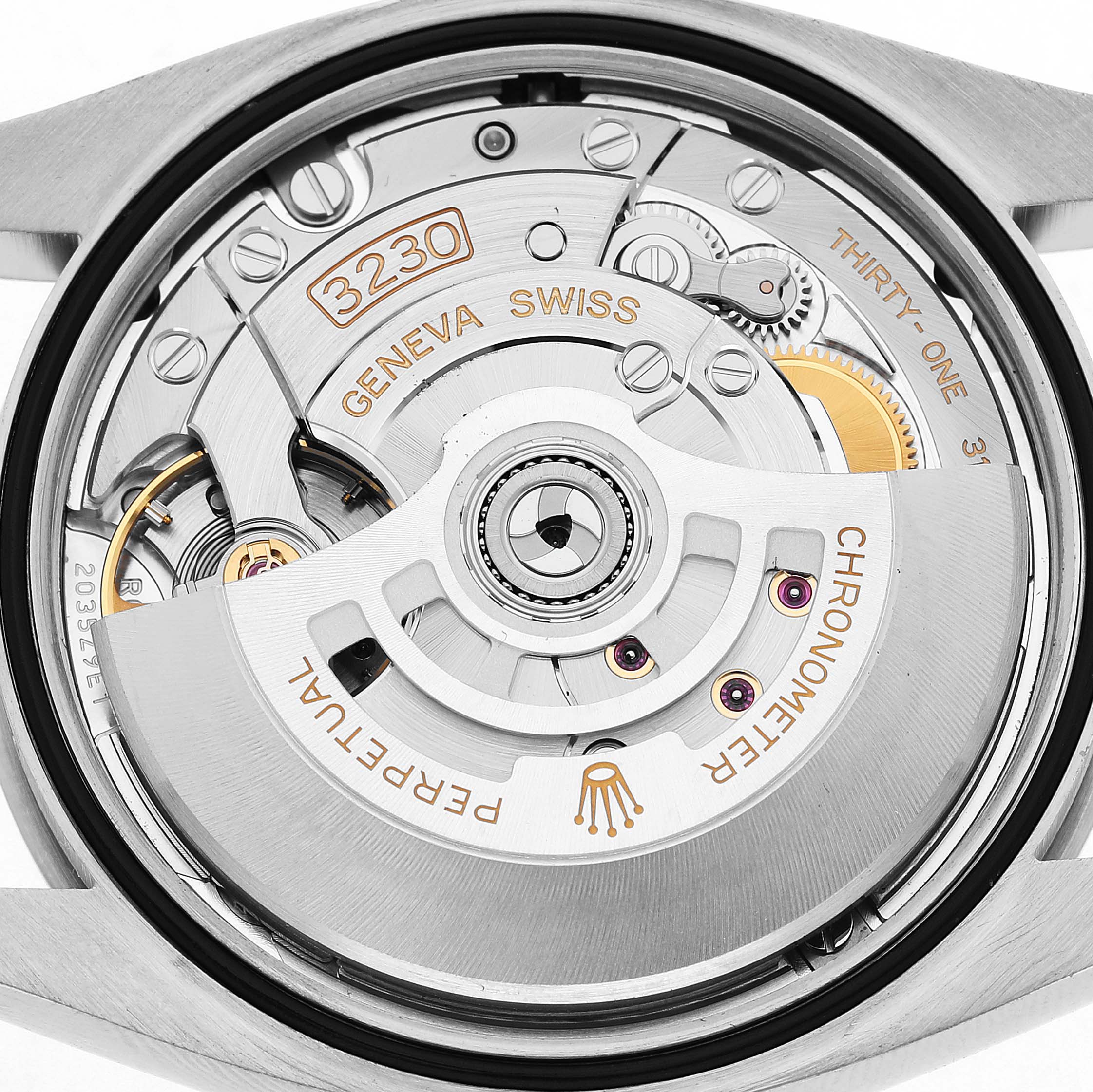 The image shows the movement of a Rolex Oyster Perpetual 126000 Men's Stainless Steel Blue Dial, highlighting gears and the rotor with "Perpetual" and "Chronometer" engravings.