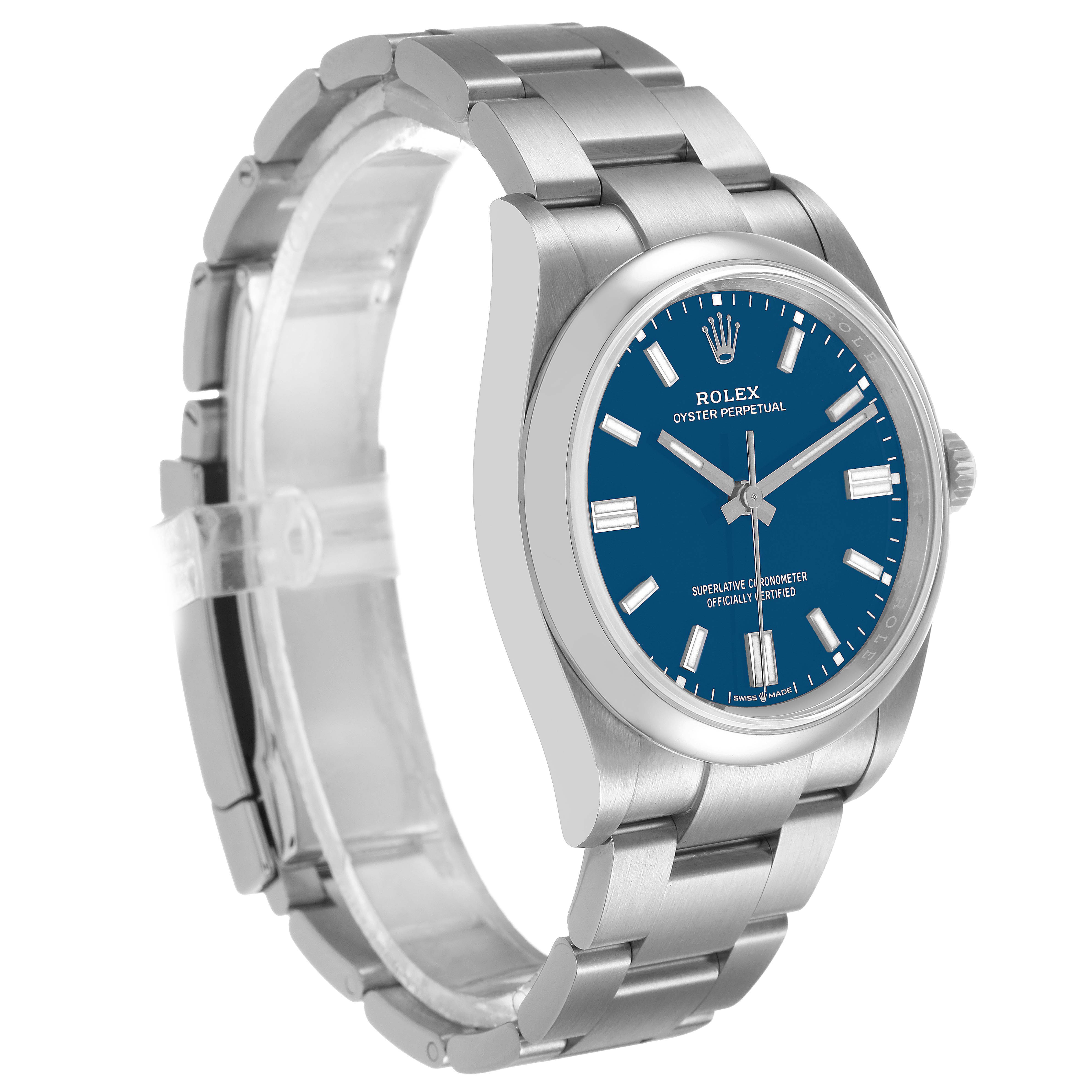 The Rolex Oyster Perpetual 126000 Men's Stainless Steel Blue Dial is shown at a three-quarter angle, highlighting the blue dial, bracelet, and clasp.