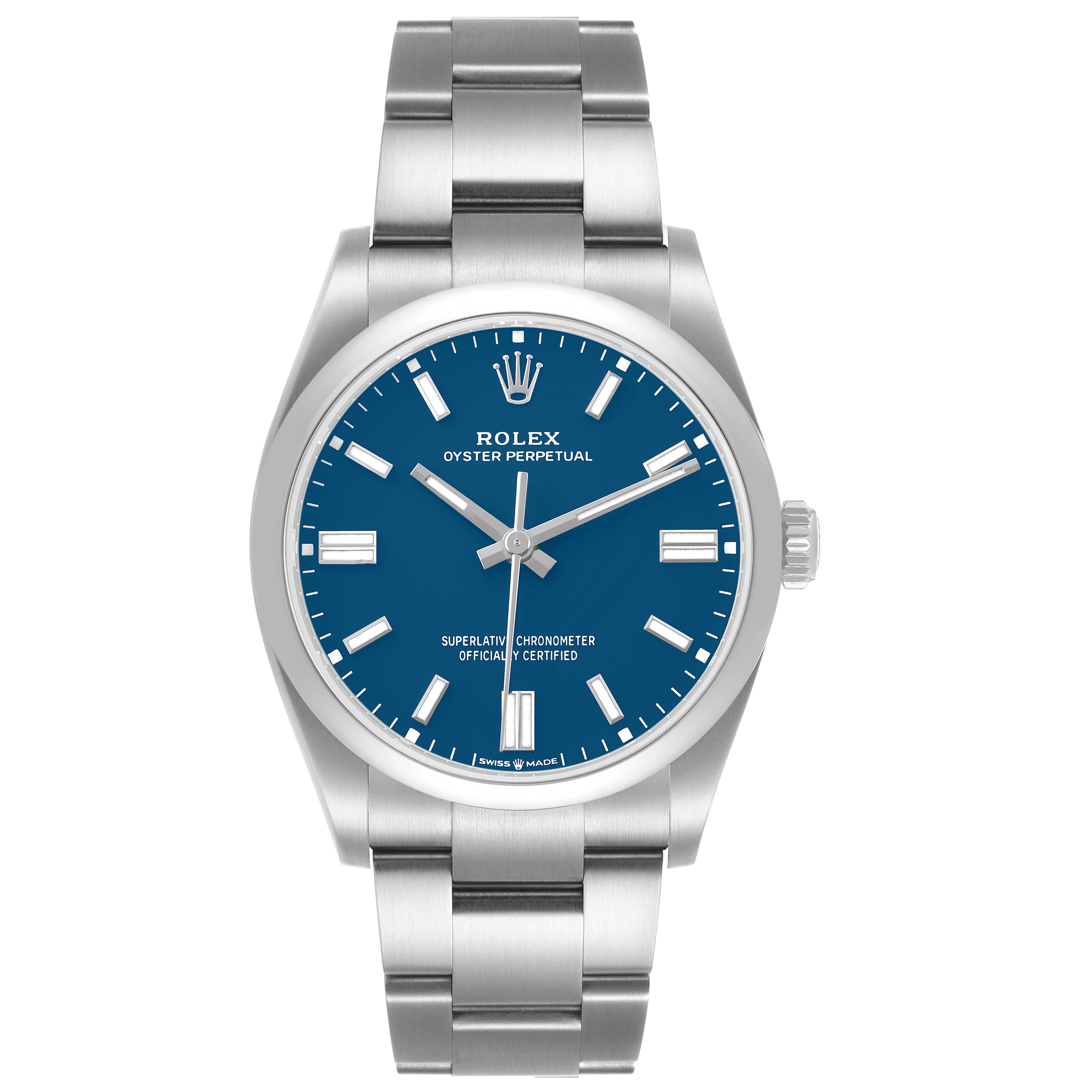 The Rolex Oyster Perpetual 126000 Men's Stainless Steel Blue Dial watch is shown from the front, displaying the full face and bracelet.