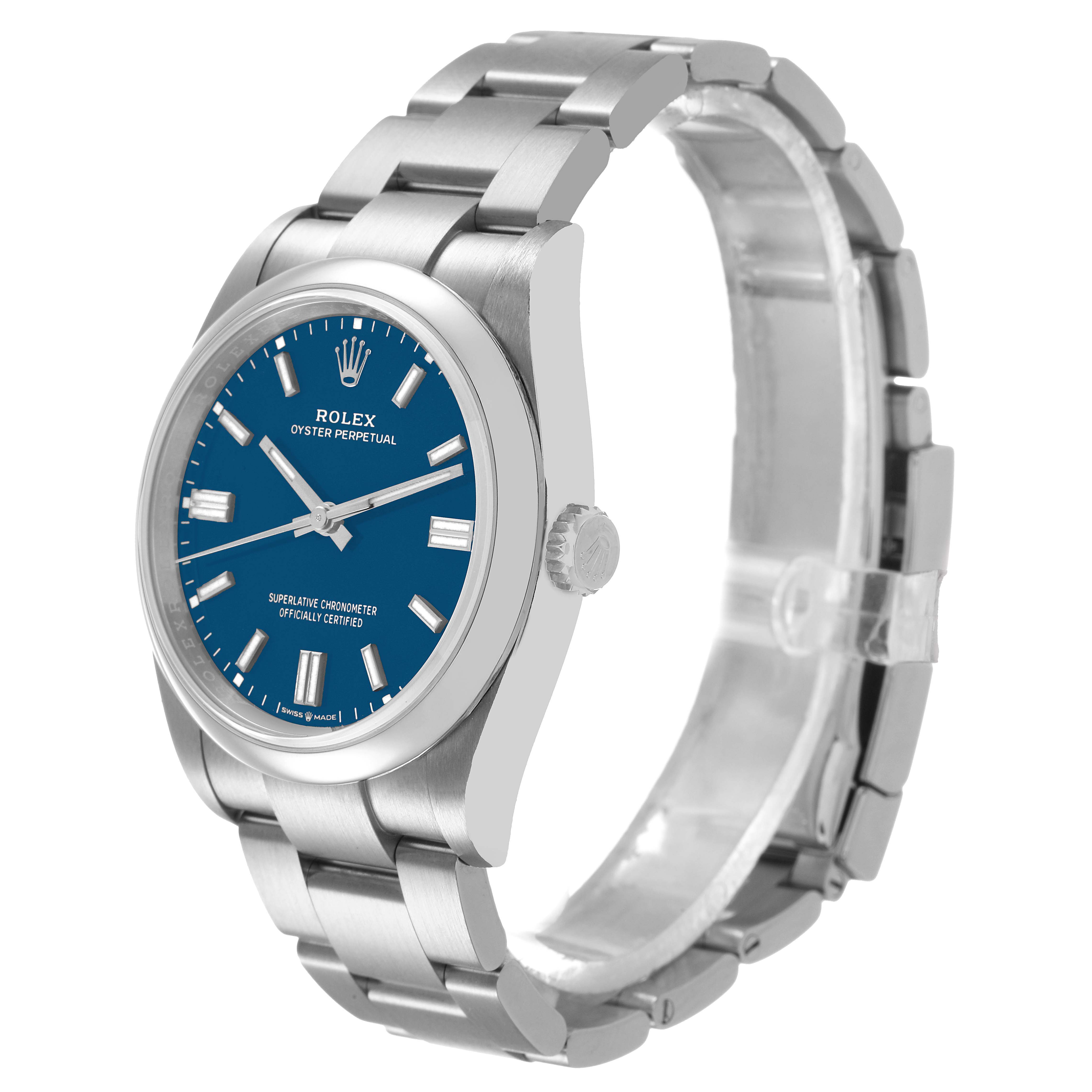 The Rolex Oyster Perpetual 126000 Men's Stainless Steel Blue Dial watch is shown at a three-quarter angle, highlighting the face, bezel, crown, and bracelet.