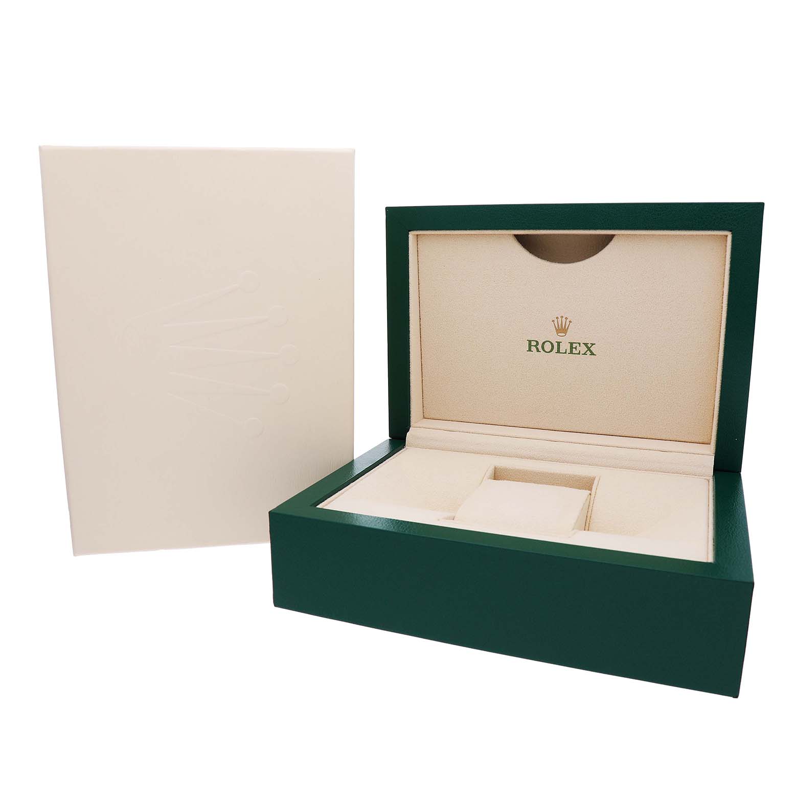 The image shows the open green box and cream interior of a Rolex Oyster Perpetual 126000 Men's Stainless Steel Blue Dial watch packaging, viewed from the front.