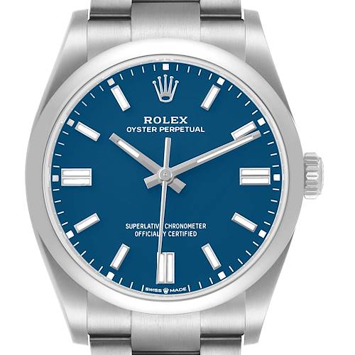 The Rolex Oyster Perpetual 126000 Men's Stainless Steel Blue Dial watch is shown from the front, highlighting its blue dial and metal case.