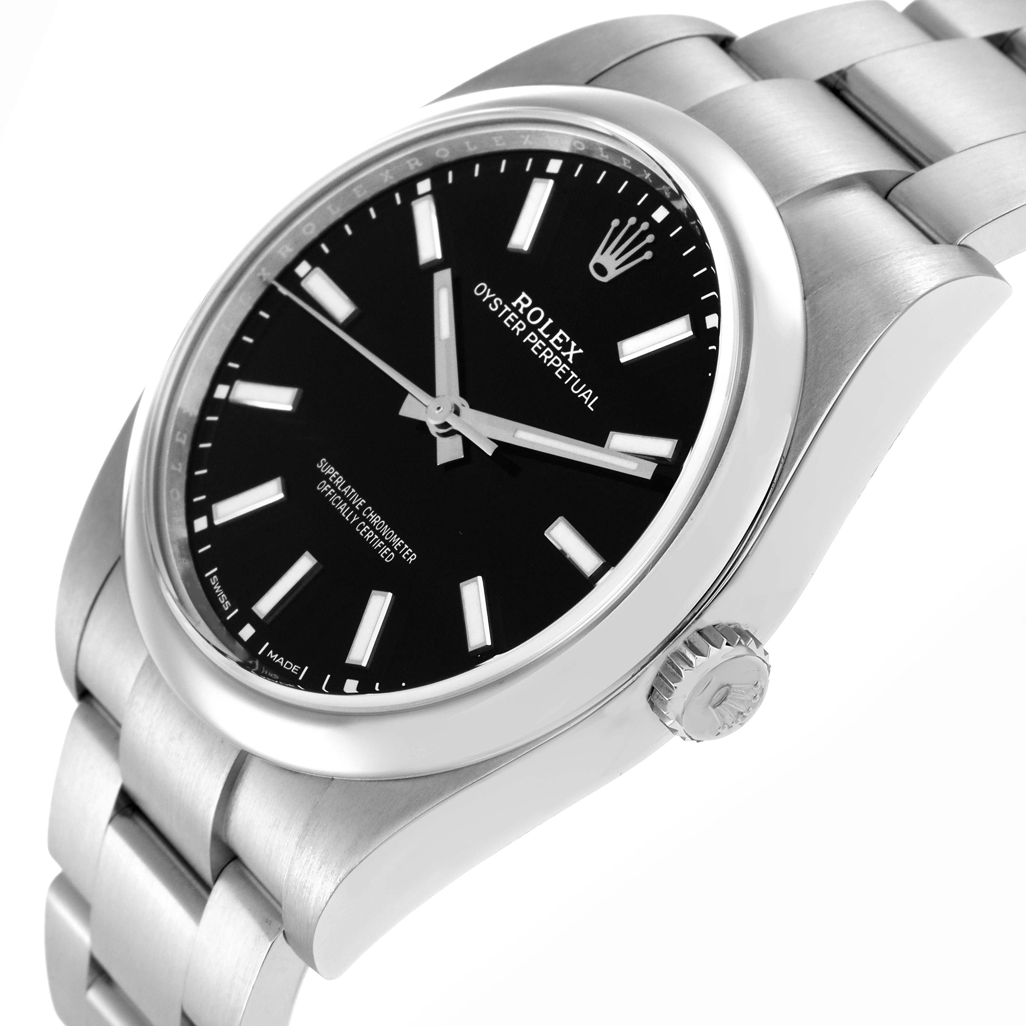 The Rolex Oyster Perpetual 114300 Men
s Stainless Steel Black Dial 114300 Men
s Stainless Steel Black Dial watch is shown at a three-quarter angle highlighting the dial, bezel, crown, and part of the bracelet.