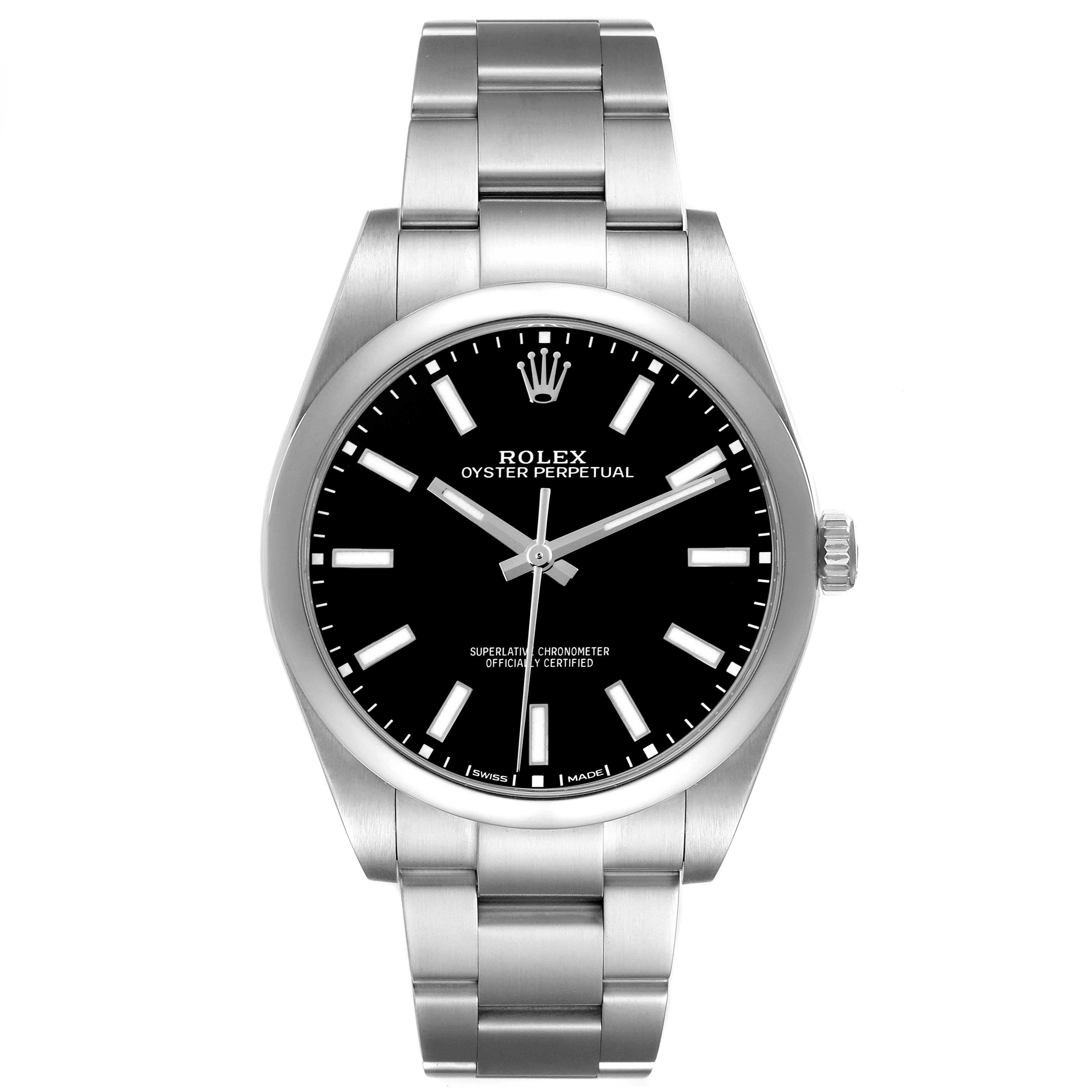 The Rolex Oyster Perpetual 114300 Men
s Stainless Steel Black Dial 114300 Men
s Stainless Steel Black Dial watch is shown from the front, displaying the dial, bezel, and bracelet.