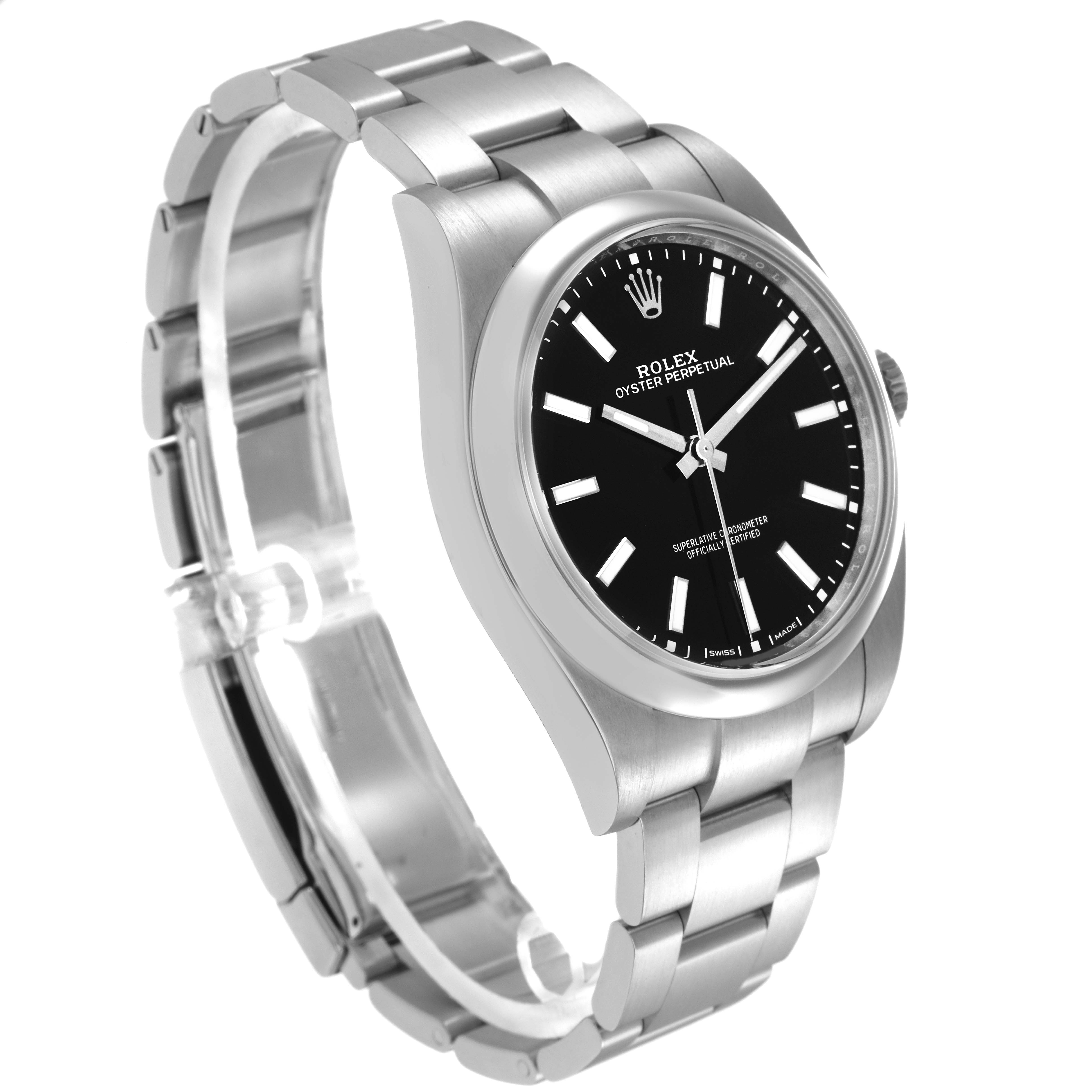 The Rolex Oyster Perpetual 114300 Men
s Stainless Steel Black Dial 114300 Men
s Stainless Steel Black Dial watch is shown at an angled side view, displaying the dial, bezel, case, bracelet, and part of the crown.