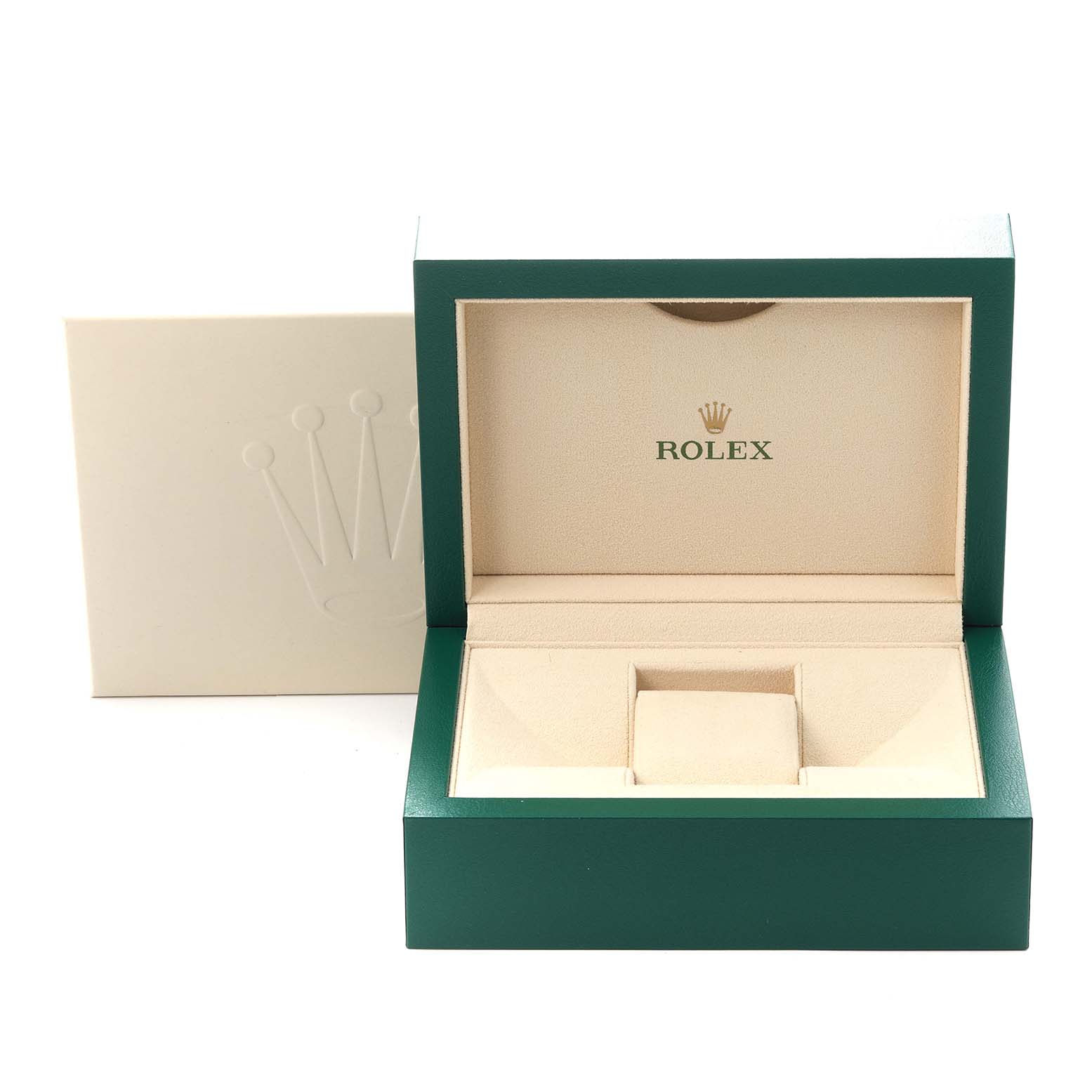 The image shows an open green box for a Rolex Oyster Perpetual 114300 Men
s Stainless Steel Black Dial 114300 Men
s Stainless Steel Black Dial watch, revealing its interior with the Rolex logo.