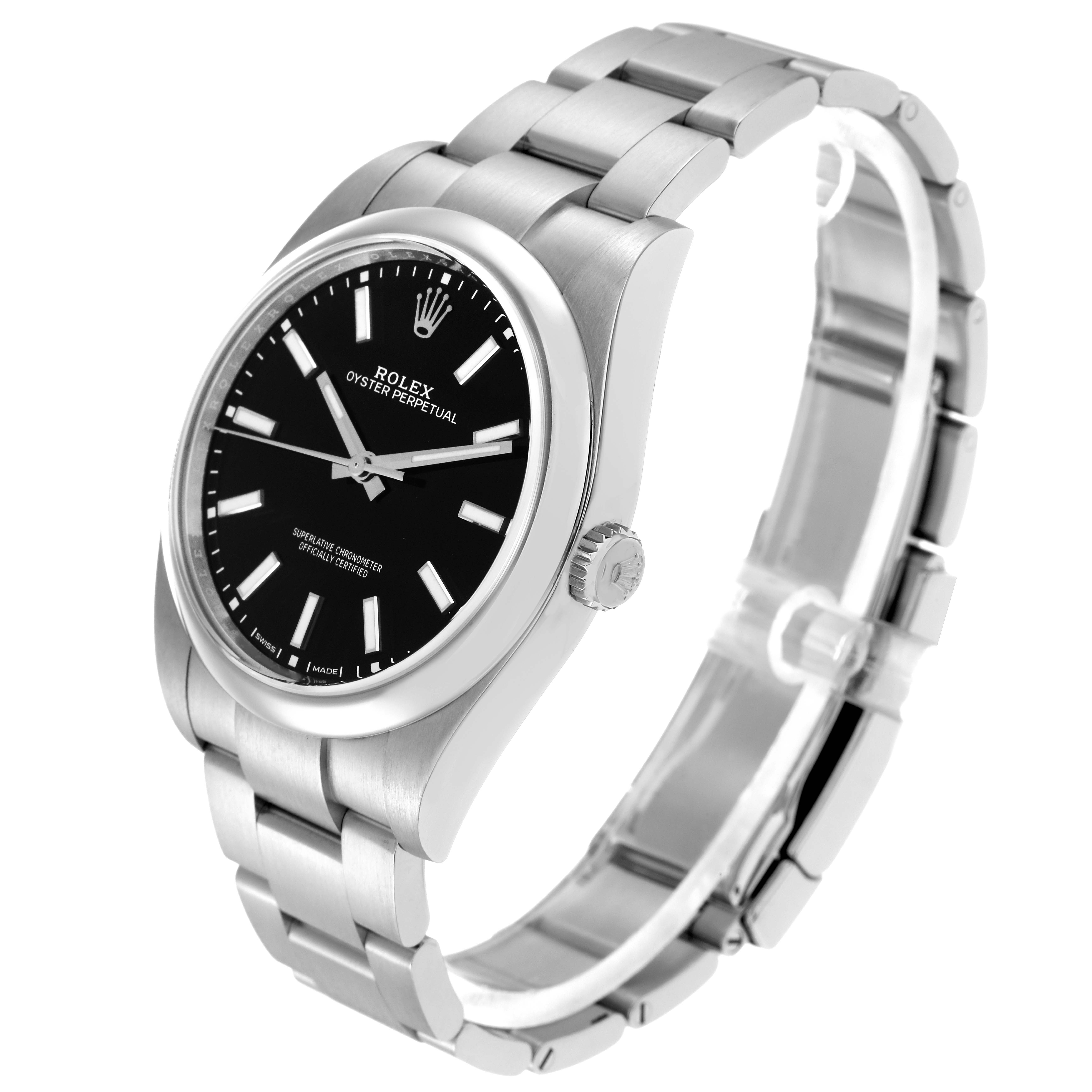 The Rolex Oyster Perpetual 114300 Men
s Stainless Steel Black Dial 114300 Men
s Stainless Steel Black Dial watch is shown at a three-quarter angle, displaying its face, bezel, crown, and bracelet.