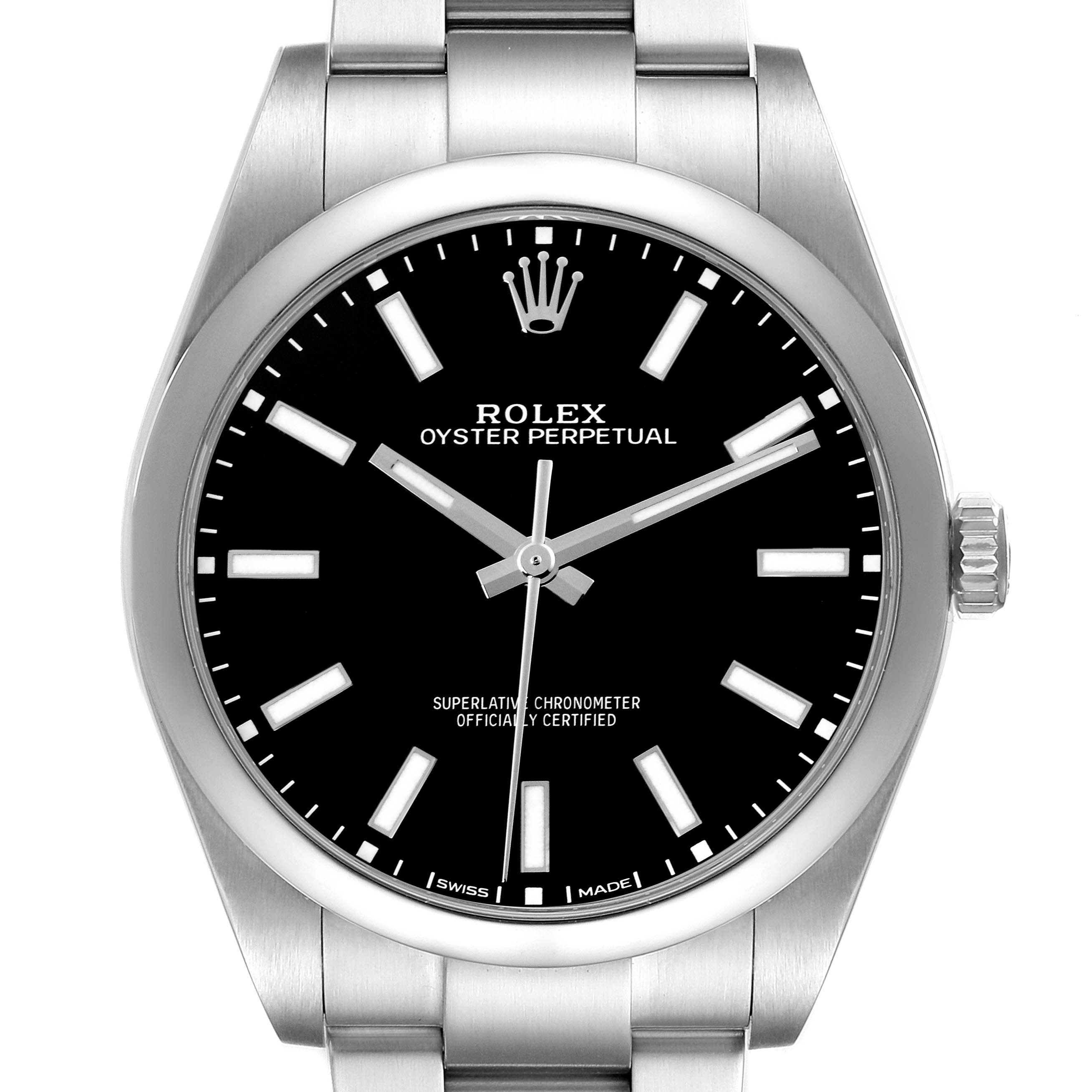 The image shows a front view of the Rolex Oyster Perpetual 114300 Men
s Stainless Steel Black Dial 114300 Men
s Stainless Steel Black Dial watch, displaying its dial, bezel, crown, and part of the bracelet.