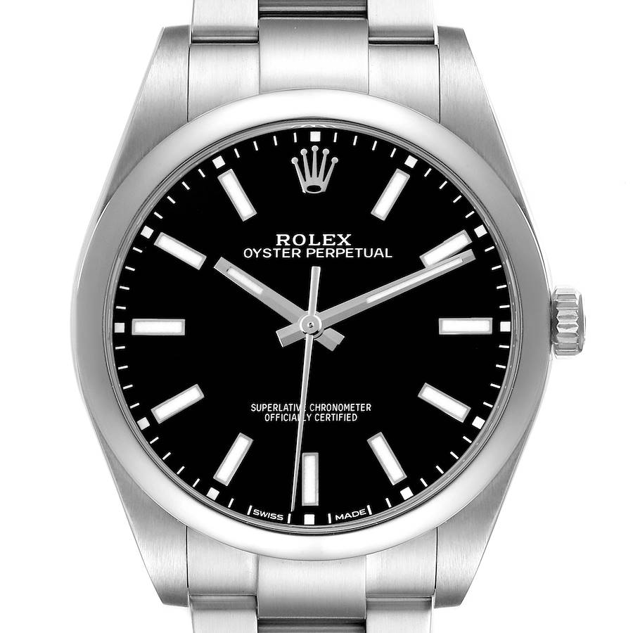 The image shows a front view of the Rolex Oyster Perpetual watch, displaying its dial, bezel, crown, and part of the bracelet.