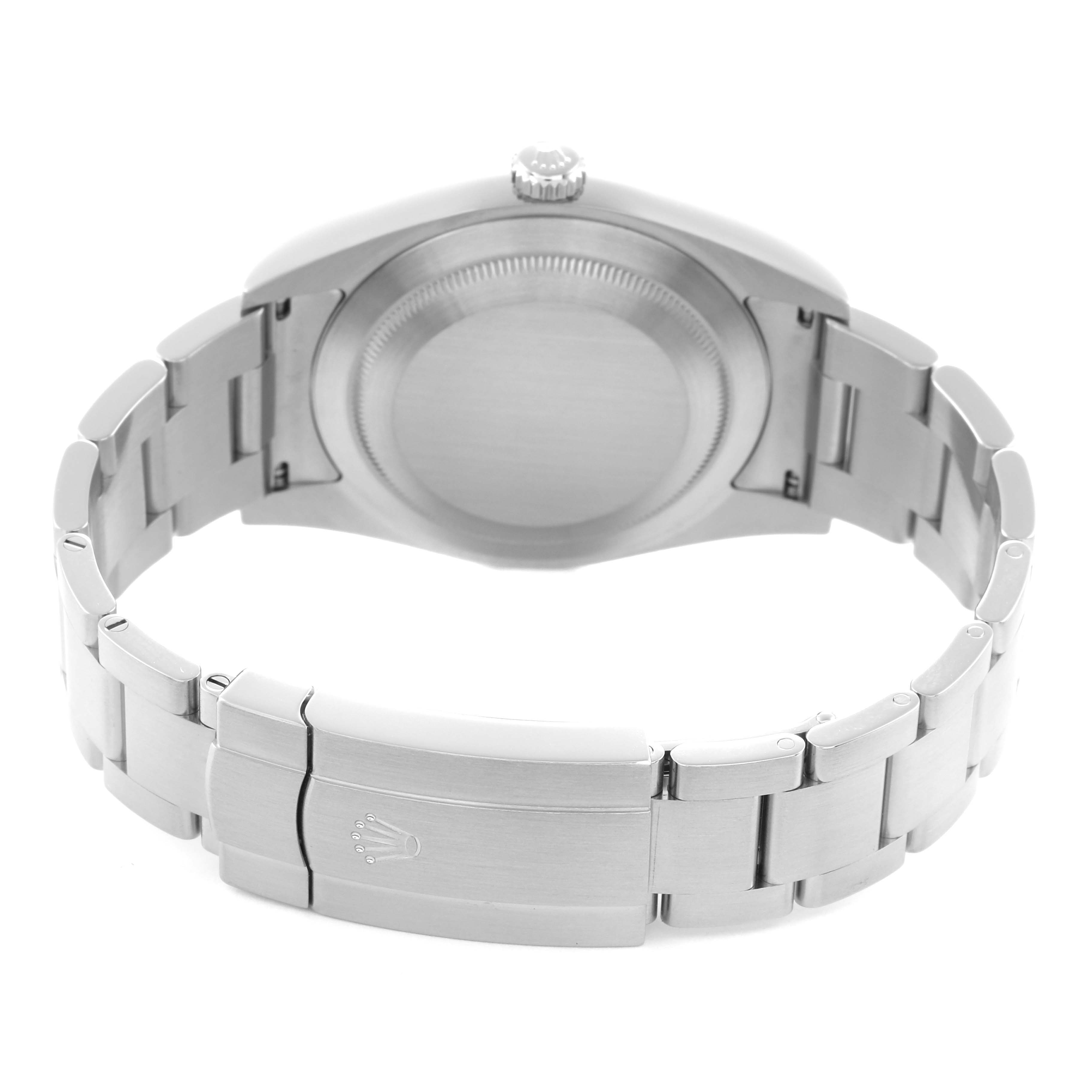 The image shows the back and clasp of a Rolex Oyster Perpetual 114300 Men
s Stainless Steel Black Dial 114300 Men
s Stainless Steel Black Dial watch, focusing on the bracelet and case back.