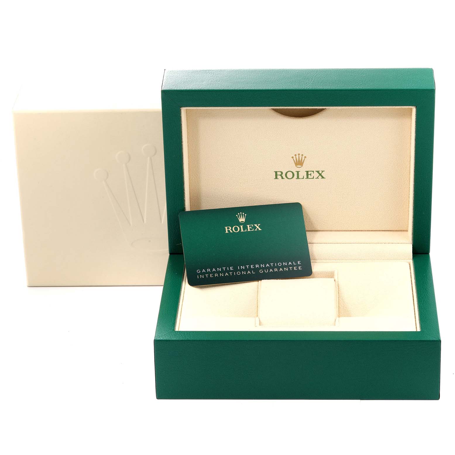 The image shows a Rolex Oyster Perpetual 124300 Men's Stainless Steel Silver Dial 124300 Men's Stainless Steel Silver Dial watch box and international guarantee card set, seen from the front.