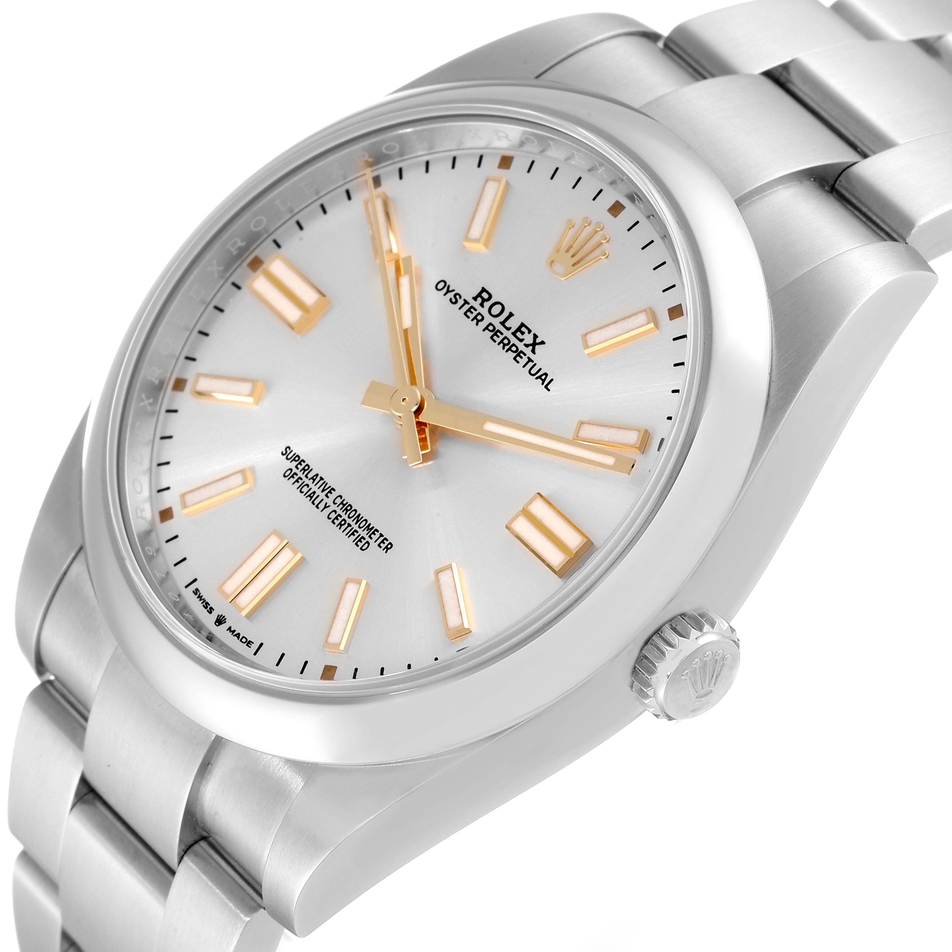 This image shows a close-up angled view of a Rolex Oyster Perpetual 124300 Men's Stainless Steel Silver Dial 124300 Men's Stainless Steel Silver Dial watch, highlighting its face, markers, hands, and part of the bracelet.