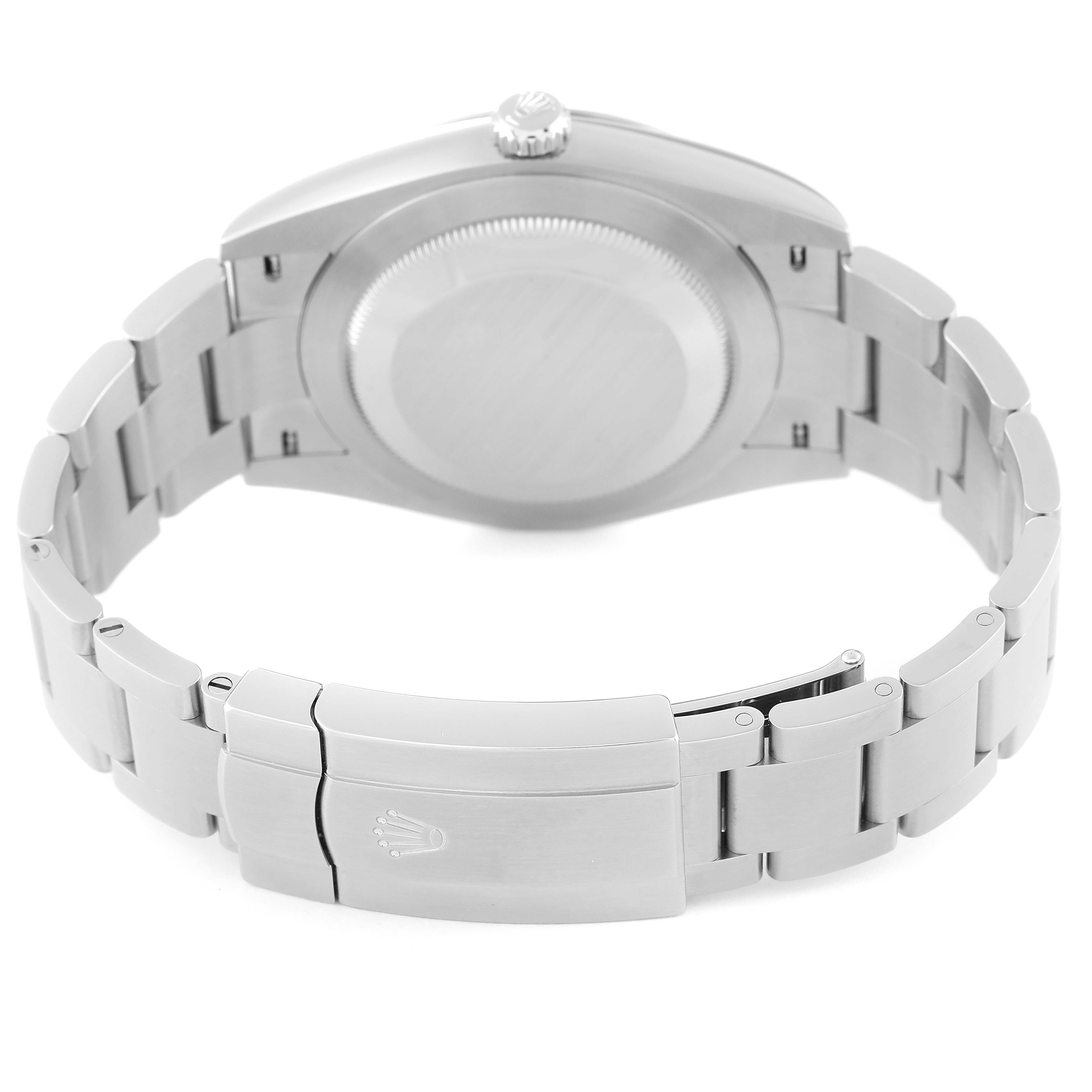 The image shows the back case and bracelet clasp of a Rolex Oyster Perpetual 124300 Men's Stainless Steel Silver Dial 124300 Men's Stainless Steel Silver Dial watch from a rear angle.