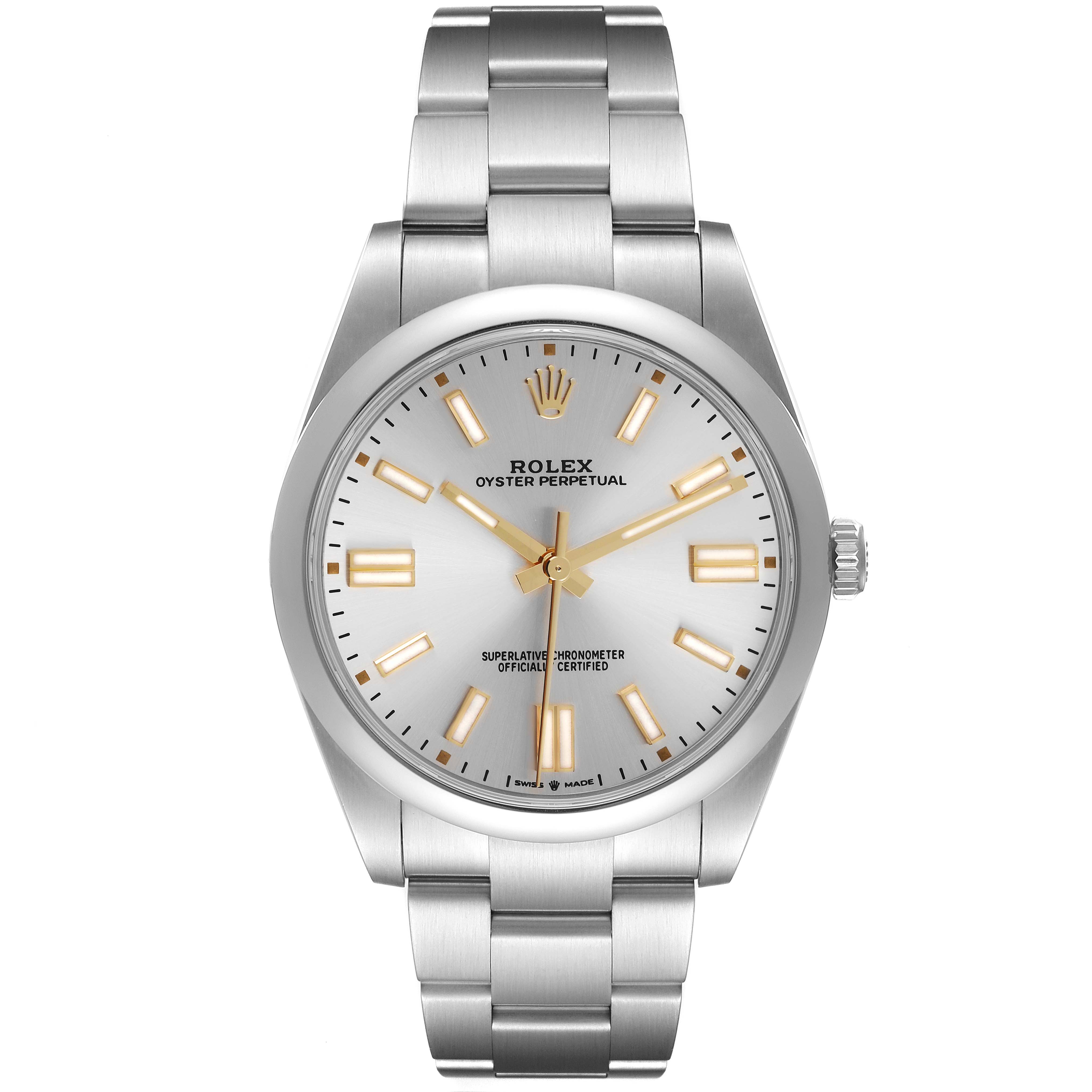The image shows a front view of a Rolex Oyster Perpetual 124300 Men's Stainless Steel Silver Dial 124300 Men's Stainless Steel Silver Dial watch displaying its silver dial and stainless steel bracelet.