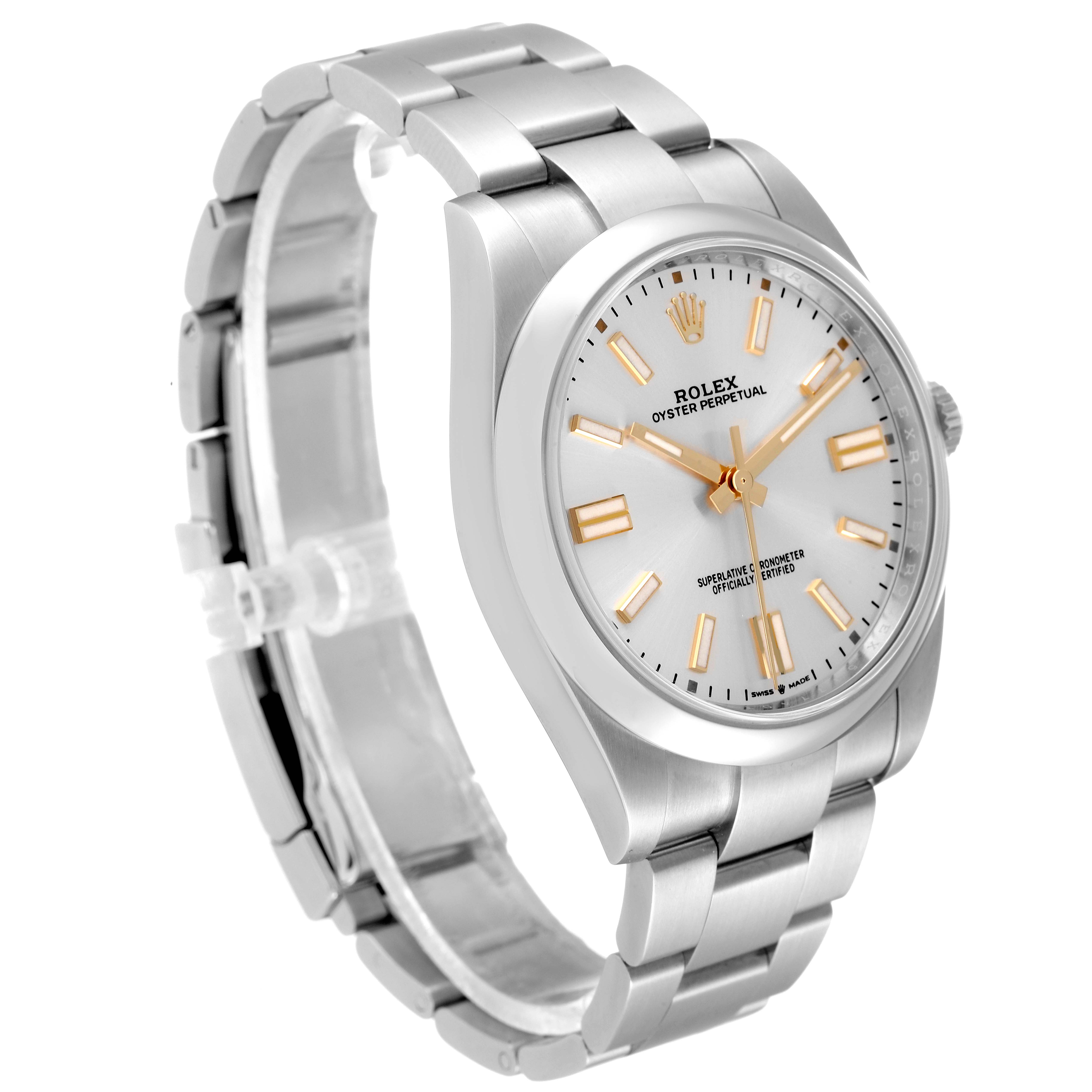 The image shows a three-quarter view of the Rolex Oyster Perpetual 124300 Men's Stainless Steel Silver Dial 124300 Men's Stainless Steel Silver Dial watch, displaying its face, case, and bracelet.