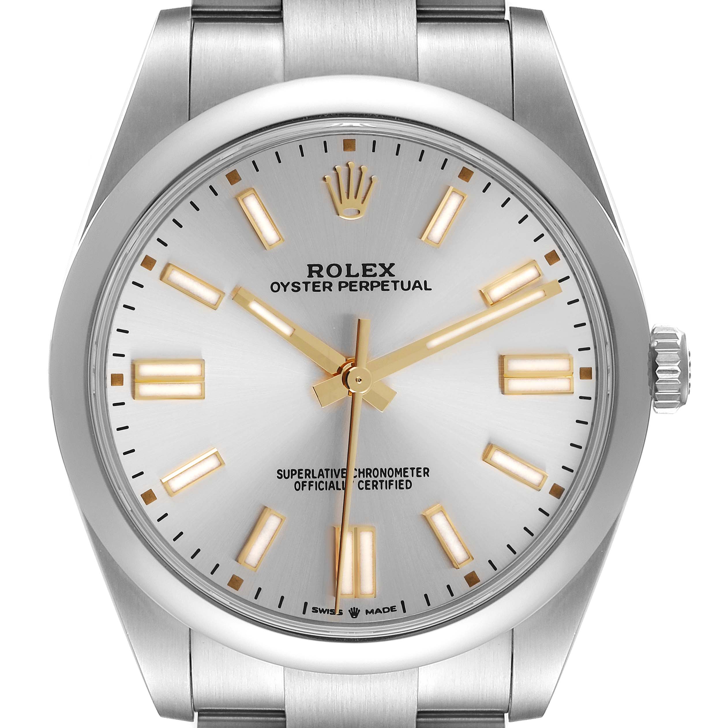The image shows a front view of the Rolex Oyster Perpetual 124300 Men's Stainless Steel Silver Dial 124300 Men's Stainless Steel Silver Dial watch face, band, and crown.