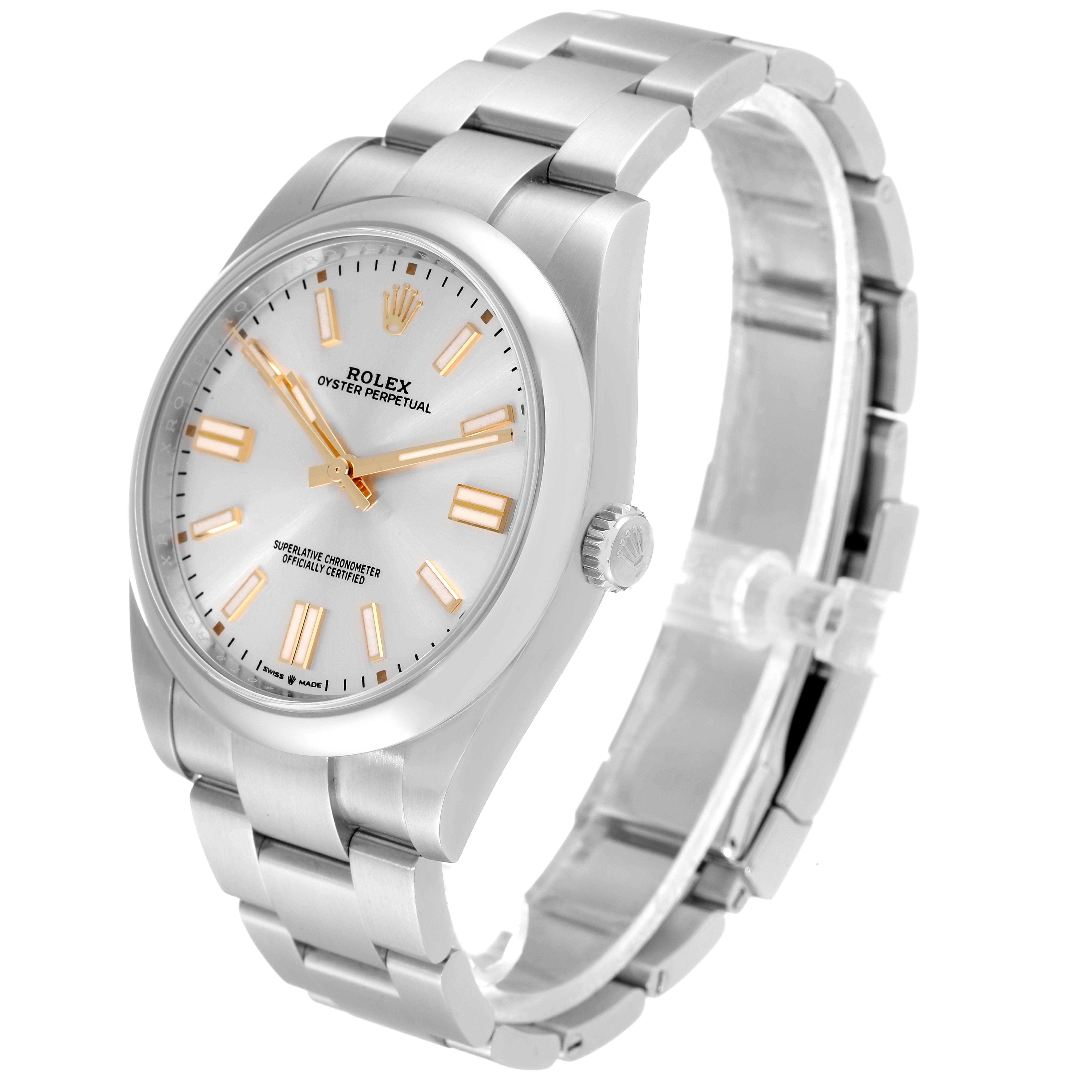 The image shows a Rolex Oyster Perpetual 124300 Men's Stainless Steel Silver Dial 124300 Men's Stainless Steel Silver Dial watch at an angled view, highlighting the face, bezel, crown, and stainless steel bracelet.