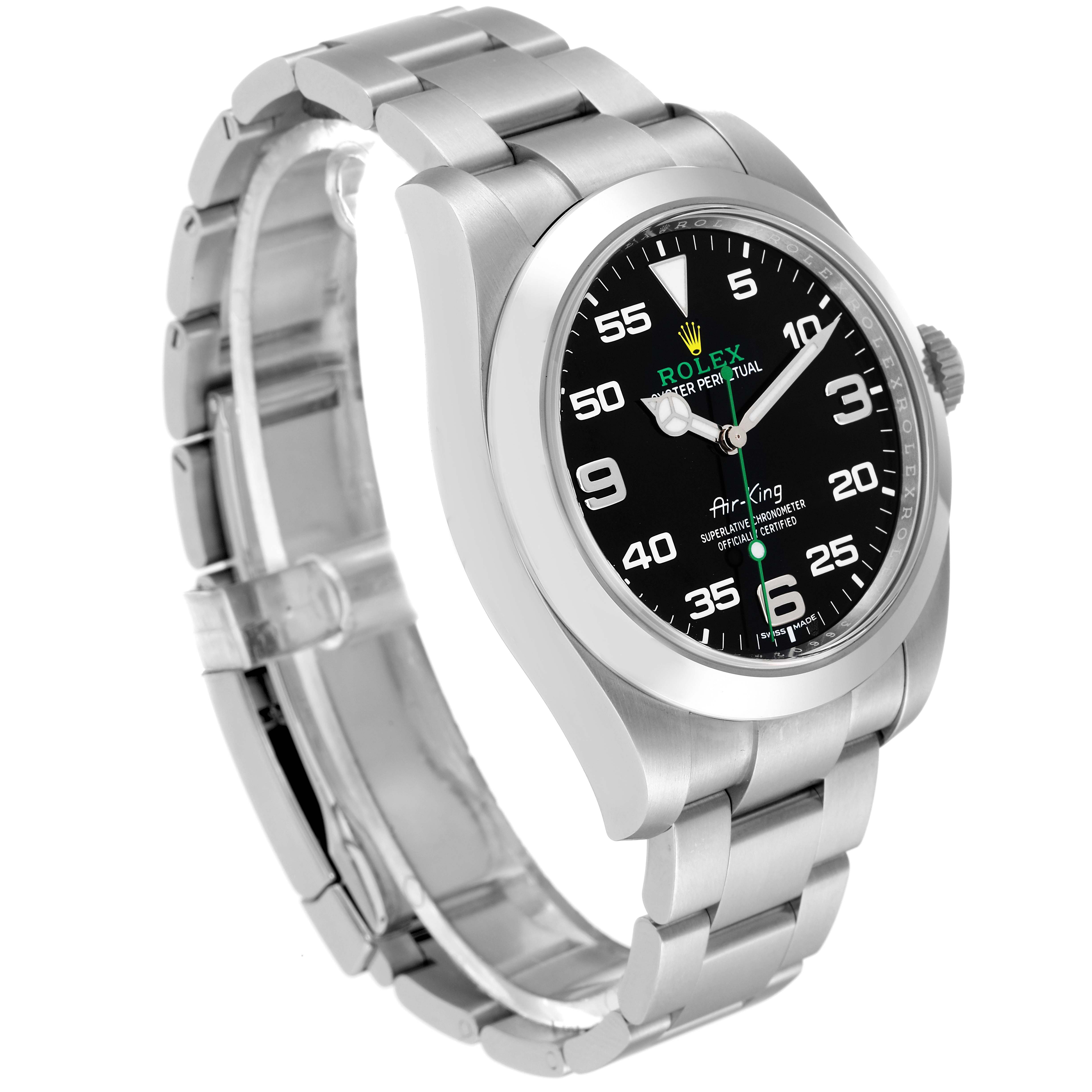 The photo shows a Rolex Air-King 116900 Men's Stainless Steel Black Dial 116900 Men's Stainless Steel Black Dial watch from a three-quarter angle, highlighting the face, bezel, and bracelet.
