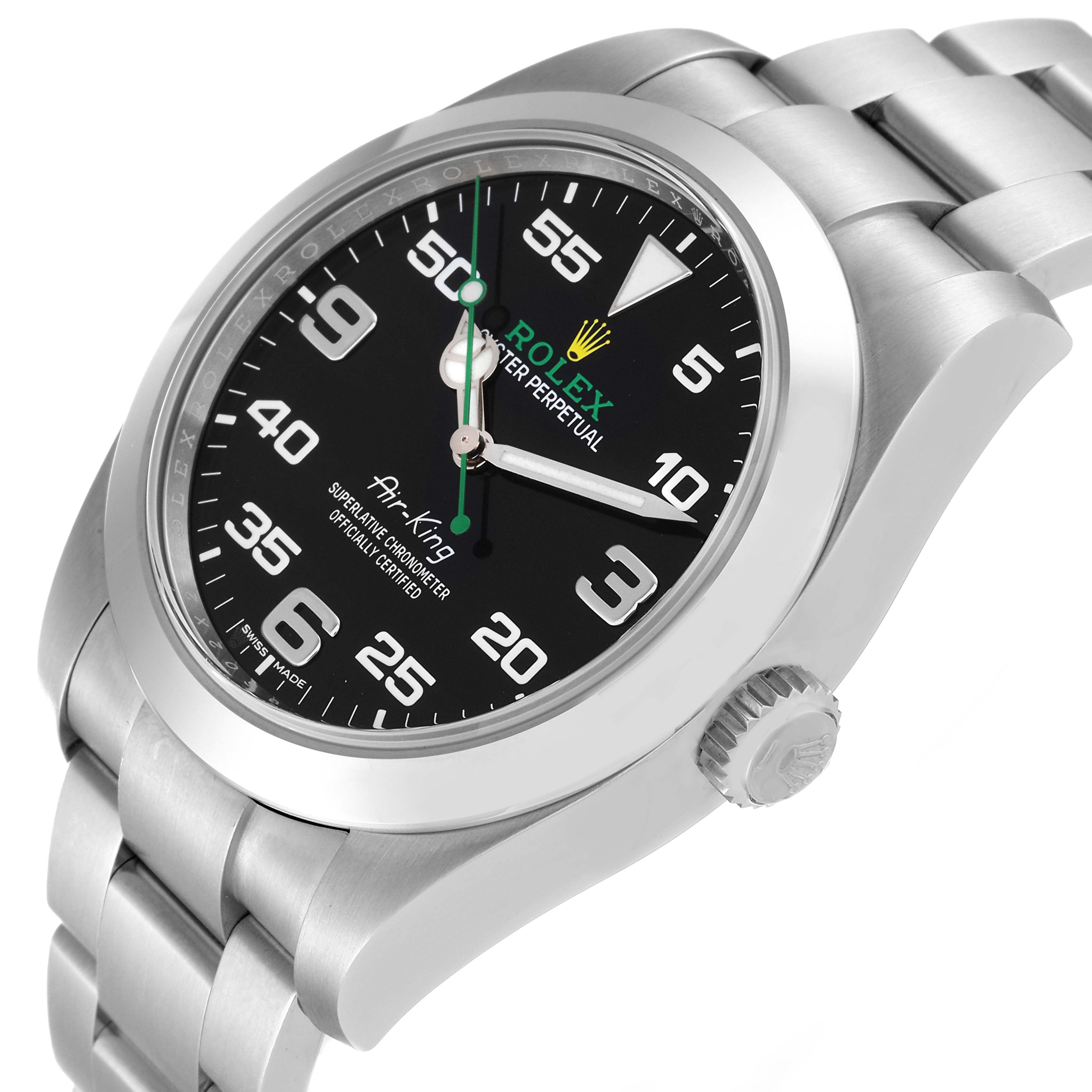 The image shows a close-up angled view of a Rolex Air-King 116900 Men's Stainless Steel Black Dial 116900 Men's Stainless Steel Black Dial watch, displaying the dial, crown, and part of the bracelet.