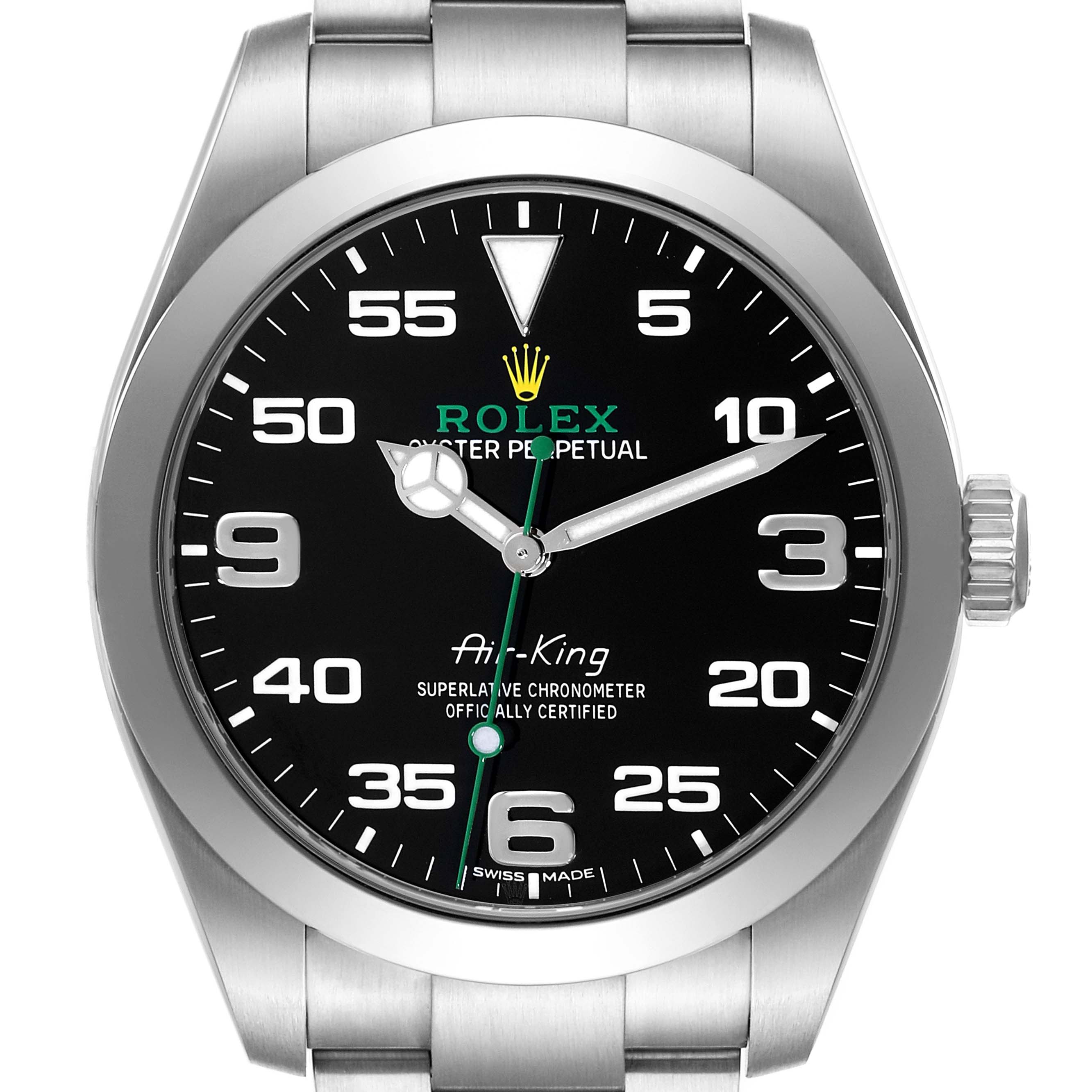The image shows a frontal view of a Rolex Air-King 116900 Men's Stainless Steel Black Dial 116900 Men's Stainless Steel Black Dial watch, highlighting its black dial, numerals, hands, and stainless steel bracelet.